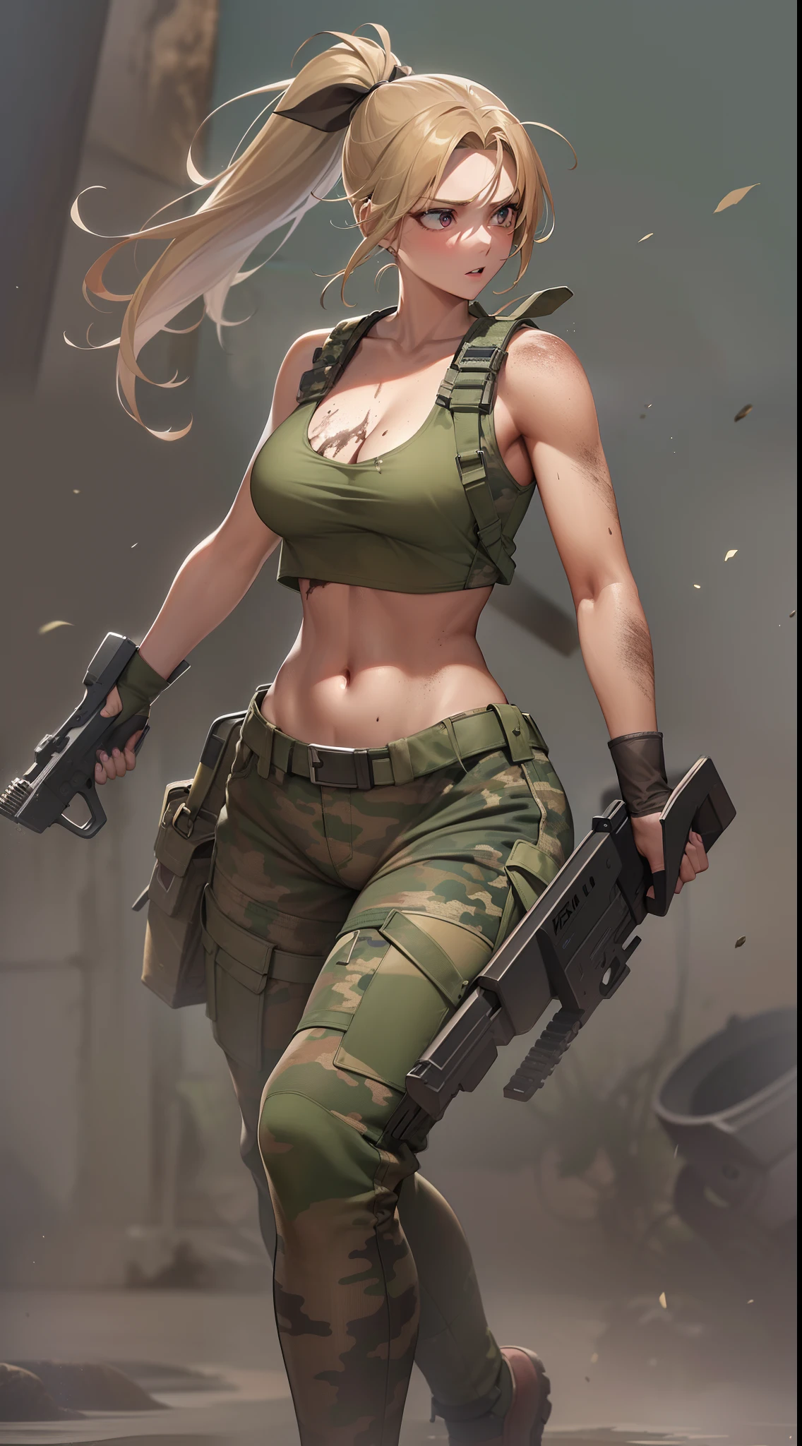 ((Finest quality)),(超A high resolution),(ultra-detailliert),sharpnes,Clair,Art with astounding depictions,Dynamic poses where the whole body is visible, ((1 Female Combat,flaxen ponytail),Camouflage pattern tank top,perspiring,Body dirty with mud)