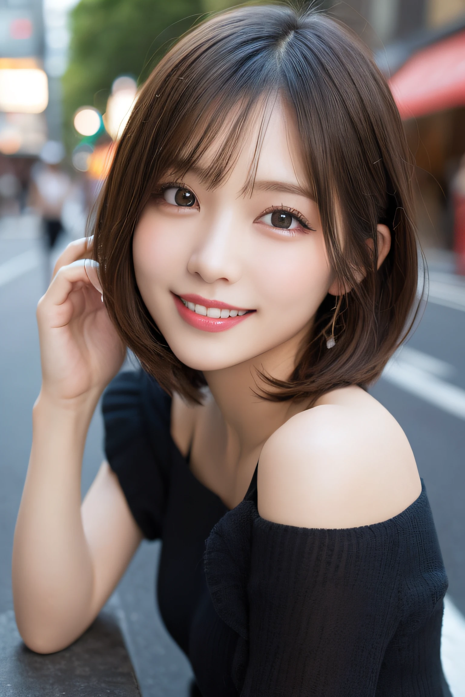 masutepiece, Best Quality, Illustration, Ultra-detailed, finely detail, hight resolution, 8K Wallpaper, Perfect dynamic composition, Beautiful detailed eyes, Women's Fashion Summer,Short bob hair,Small breasts natural color lip, Bold sexy poses,Smile,Harajuku、20 years girl、Cute、Sexy shot looking at camera