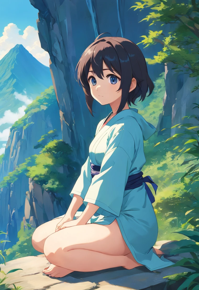 Magical Taoist boy,black color hair,Black eyes,Blue costume,White Skin Skin,had his hands folded,sitting cross-legged,In the distance is the nascent sun,Nearby is a mountain cliff。