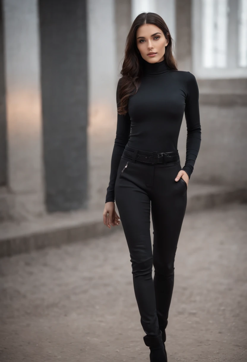emilisia gomezi, tall, gorgeous, spanish descent, age 23, smooth skin,full body, black hair. red color turtle neck, black fitting pants, simple silver cross necklace, working at the underground base, highly detailed, well lit, 8k, reviewing artifacts, holding a long whip. amazing detail, an nude