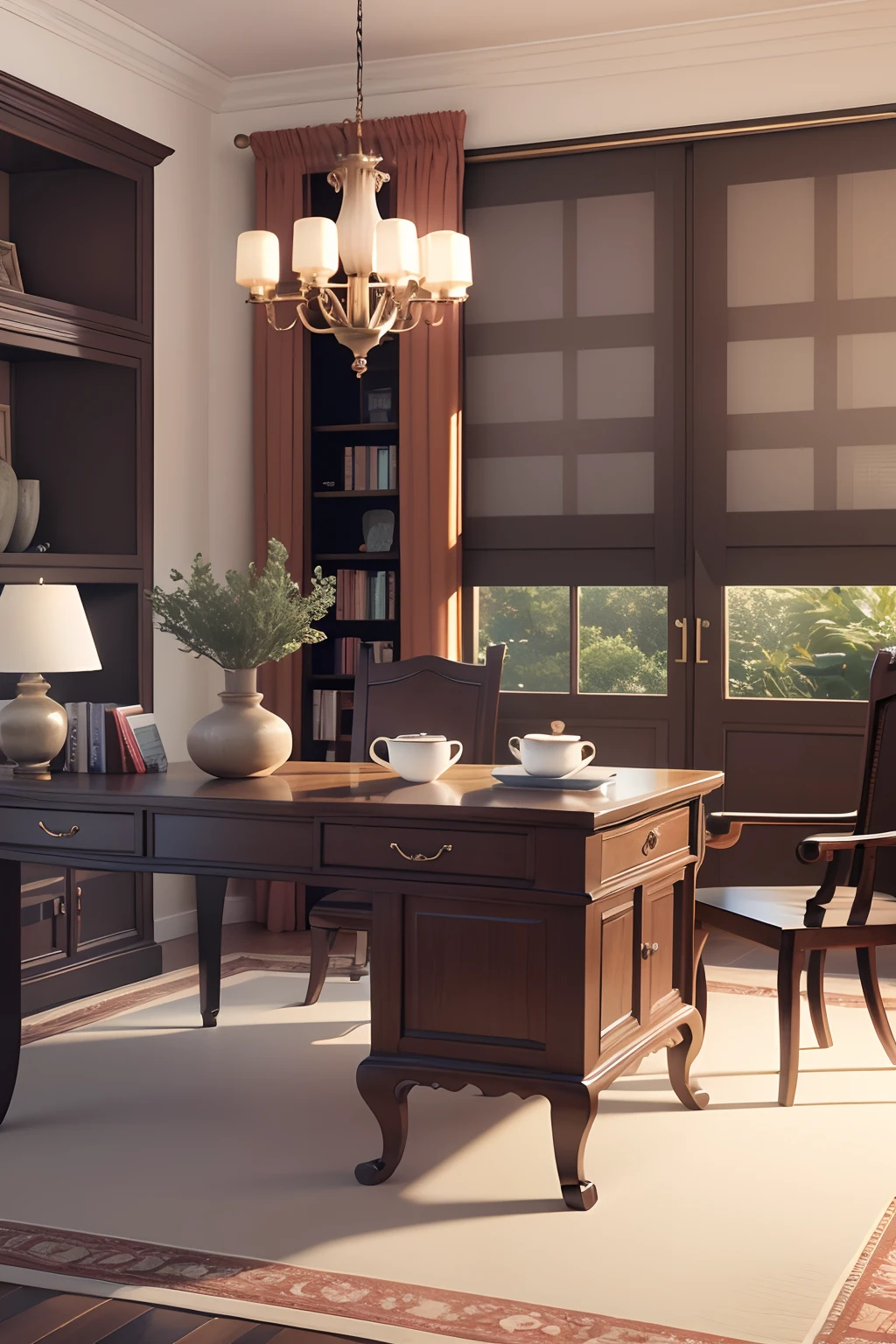 Masterpiece, best quality, (living room 1.5), windows, rich color combination, 3d rendering style, interior architectural view, 3d final rendering, 3d final rendering, physically based rendering, 3D perspective, interior design details, long desk, chair, Chinese, new Chinese, scholarly, literati, simple, bonsai, flower window, solid color carpet, bogu shelf, cabinet, floor, window, curtain, behind the bookshelves, indoor ceiling, interior lighting, --auto --s2
