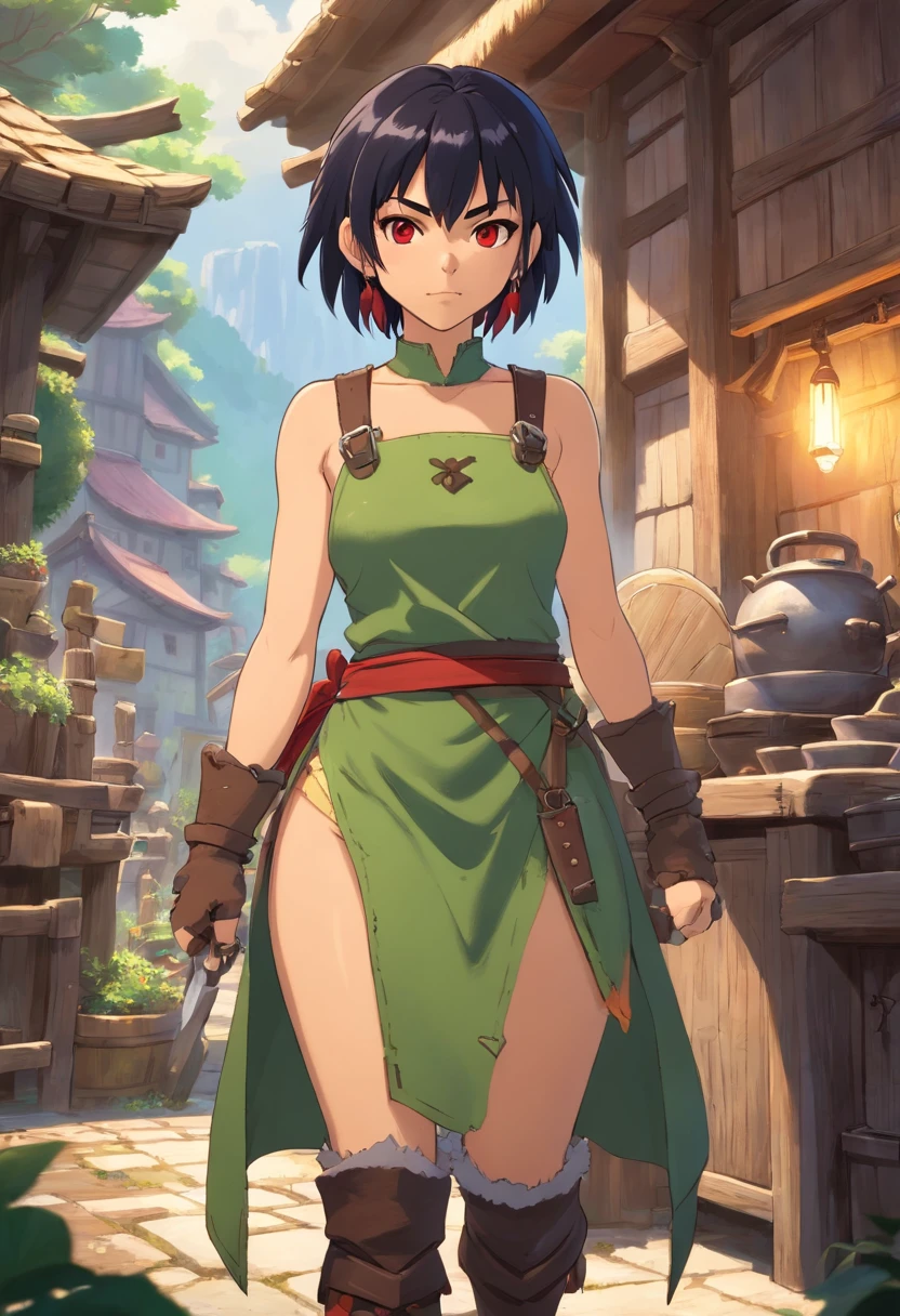 half-orc, Green skin, Female, Fantastic look, rpg character, medieval fantasy, Short black hair, Red eyes, 1.90 height, muskateer, Half-body shot, the scars, ((Mohawk haircut)), Black boots,Naked,Blacksmith apron,Big breasts that expose the,Sexy figure,rut