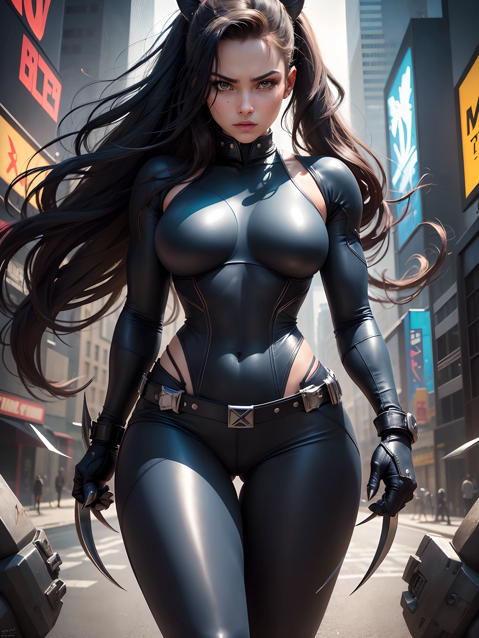 Woman, 20 years old, three 30 cm metal claws coming out of each hand, Wolverine style, a fictional character that appears in Marvel Comics, mainly in association with the X-Men. He is a mutant who has sharp senses, enhanced physical capabilities, a powerful regenerative ability known as a healing factor and three 30cm long metal claws coming out of each hand. belt with X style x-men. In New York, time square, (athletic body: 1.4), (tight leather jacket and x-men style pants: 1.4), (hanging breasts: 1.3), (full breasts: 1.4), (Spot on one eye: 1.3 ), (realism: 1.5), (Realisitc: 1.4), (Absurdity: 1.4), 8k, ultra detailed, Detailed beautiful woman, (Only one: 1.5), 1 girl, (Viewer facing: 1.2),