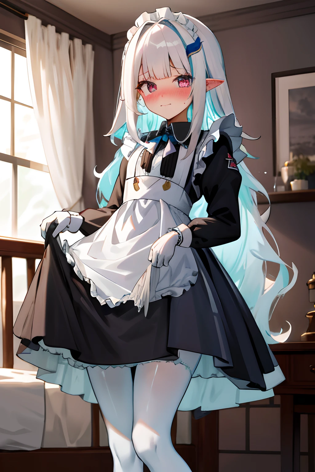 One girl with long wavy hair, white hair, looking at viewer, embarrassed, blushing, tears, indoor , maid dress, black maid dress, maid apron, maid head accessories, puff long sleeves, mini skirt, thigh, pointy ears, perfect waist, bed, night atmosphere, hair ornament, standing, white pantyhose, skirt lift, white panties, panties, lace gloves, panties visible