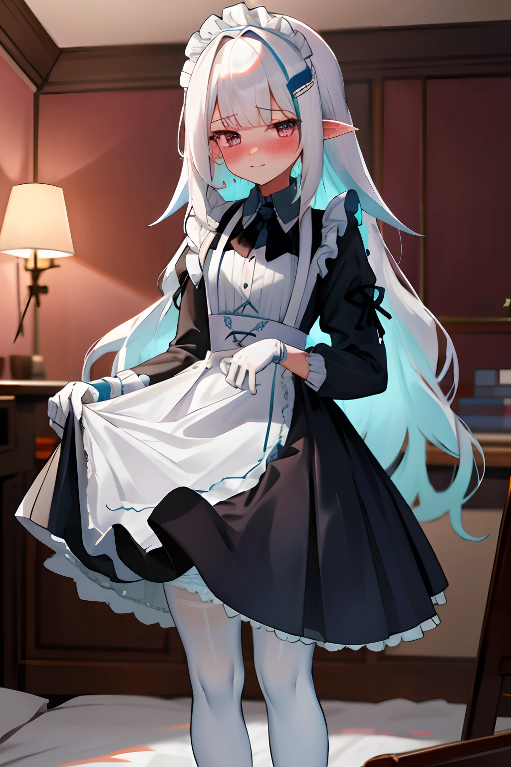 One girl with long wavy hair, white hair, looking at viewer, embarrassed, blushing, tears, indoor , maid dress, black maid dress, maid apron, maid head accessories, puff long sleeves, mini skirt, thigh, pointy ears, perfect waist, bed, night atmosphere, hair ornament, standing, white pantyhose, skirt lift, white panties, panties, lace gloves, panties visible