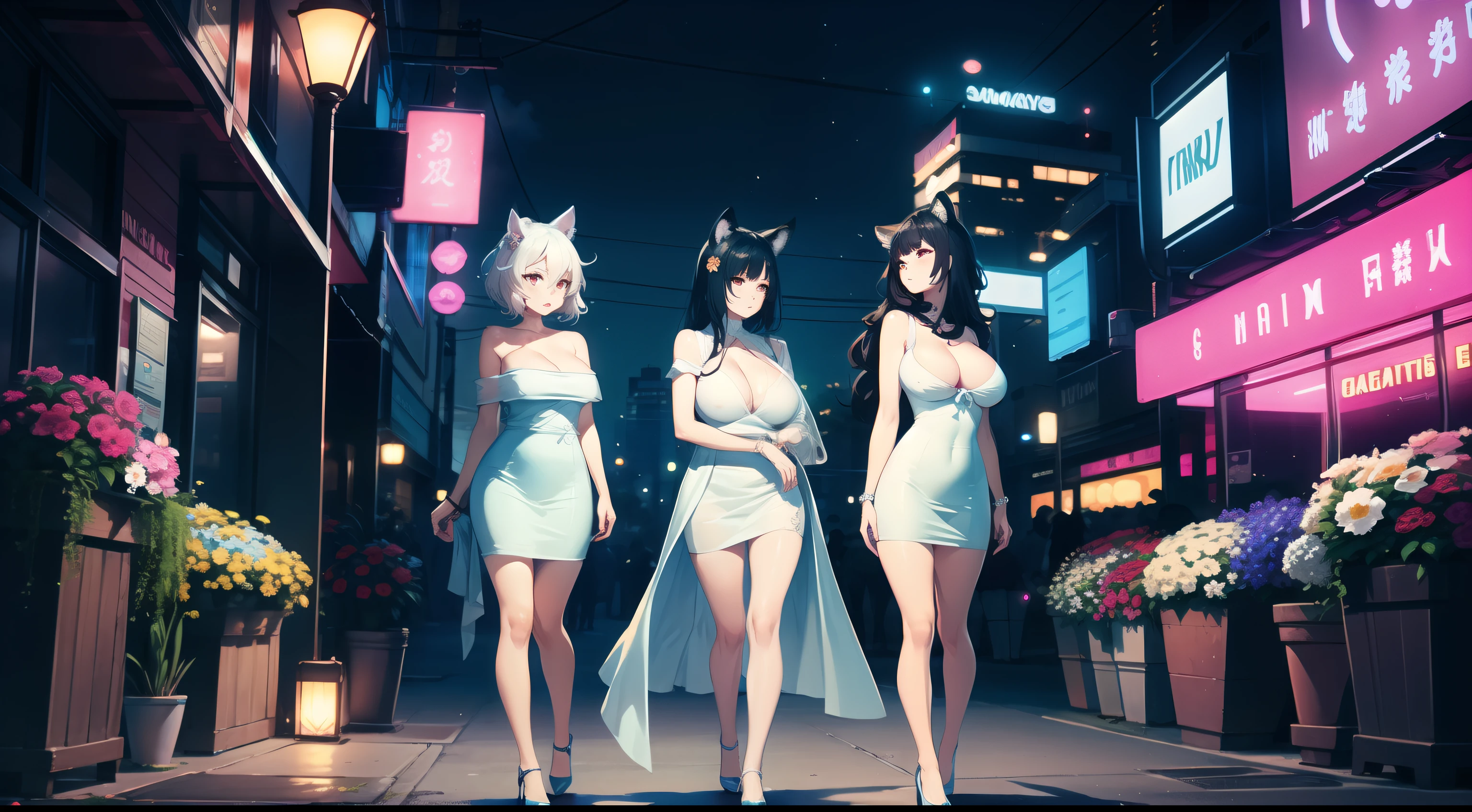 night city background, white and blue classy dress, , massive large breasts, ears, raccoon ears, sensual, late evening, full body, relaxing, flowers, neon lights, 3girls