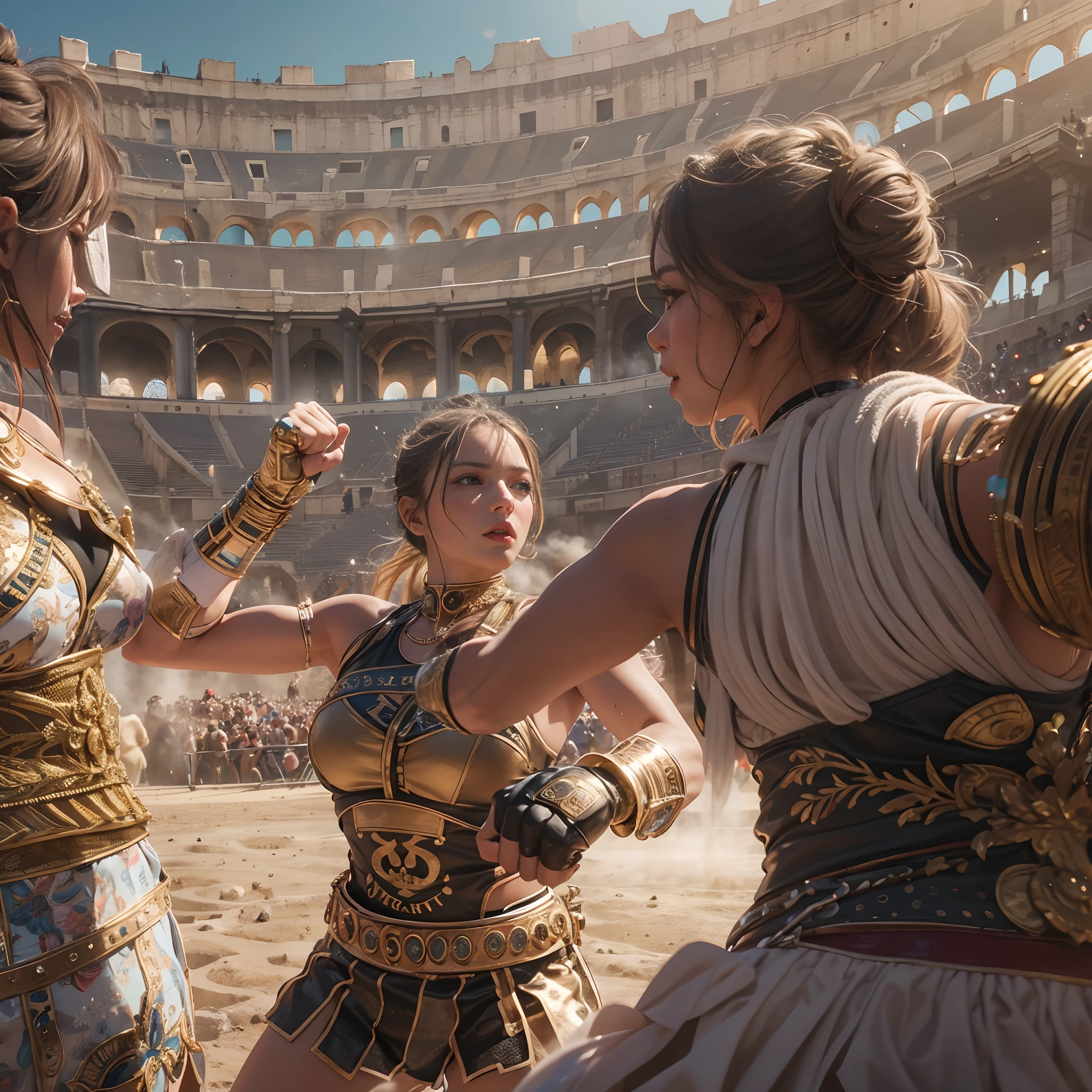 **render**: Boxing Girls, Rendered in highly detailed 4K, Get caught up in intense moments at the Greek Colosseum. When she shakes her fist, The luster of her skin and her detailed features stand out. The background is vivid with strong sunlight, Showcase a Colosseum packed with spectators.