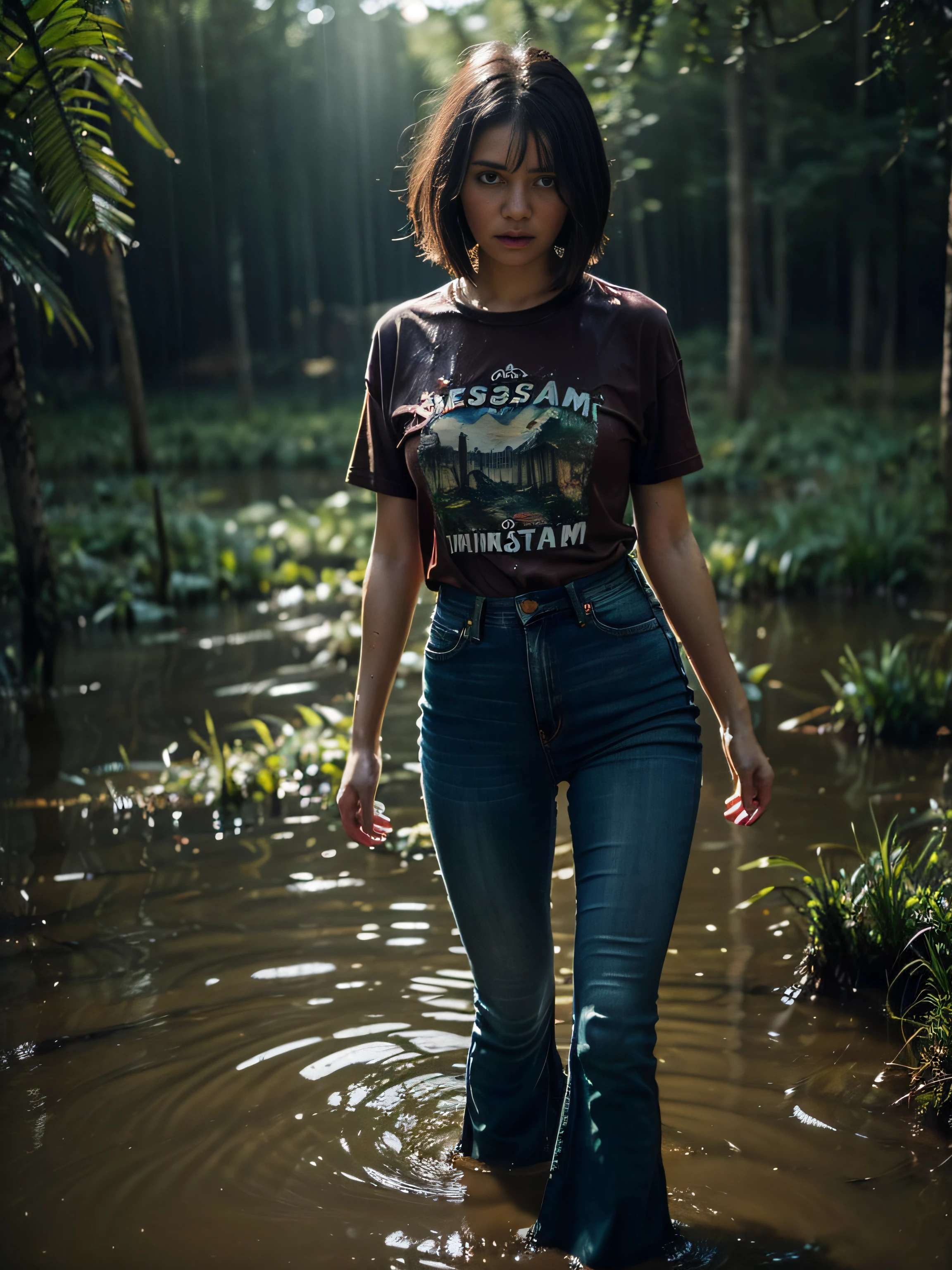 (Wide flares on jeans:1.2), (Clothes are soaked in water), (Best Quality,hight resolution,bokeh:1.2),The woman,Pronounced wrinkles,Bob haircut,Detailed eyes and face,tshirt,expression of despair,dramatic lighting,desperation,(Drowning in a swamp below the knee:1.4),(standingn:1.1), Dirty posing