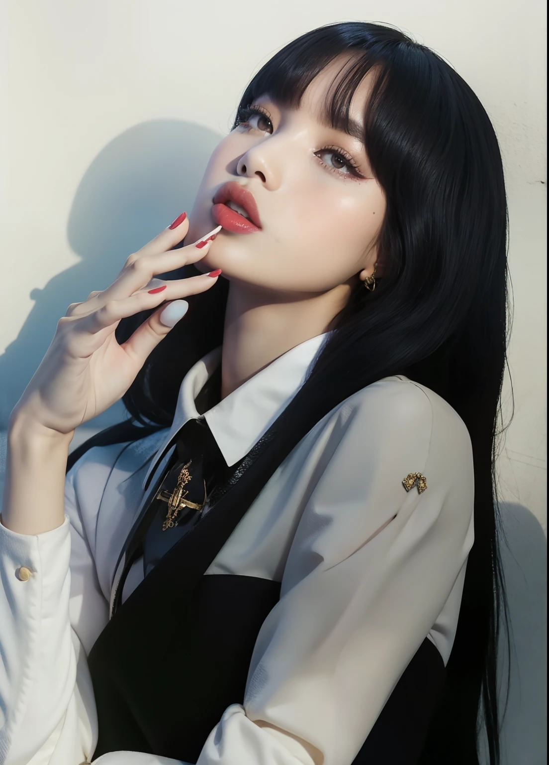 Hay una mujer de pelo largo y negro fumando un cigarrillo, Ella tiene el pelo negro con flequillo, Bae Suzy, con flequillo completo, Sakimichan, con flequillo, Lalisa Manoban de Blackpink, Lalisa Manobal, Sakimichan Frank Franzzeta, Jossi de Blackpink, Iu, Retrato de Jossi de Blackpink, ulzzang