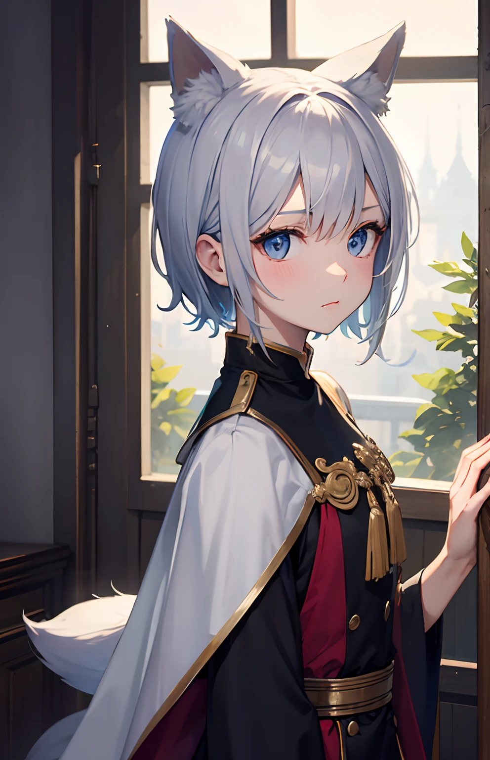 masterpiece,Top image quality,hight resolution,imagem 4k,Raw photo,Photorealsitic,{Solo},teens girl,silber hair,Bery short hair,stare at each other,Blue eyes,小柄,Silver fox ears,Fox tail,,Shy face,,boyish,Monastic uniforms,Cultivated woman,chies,cape