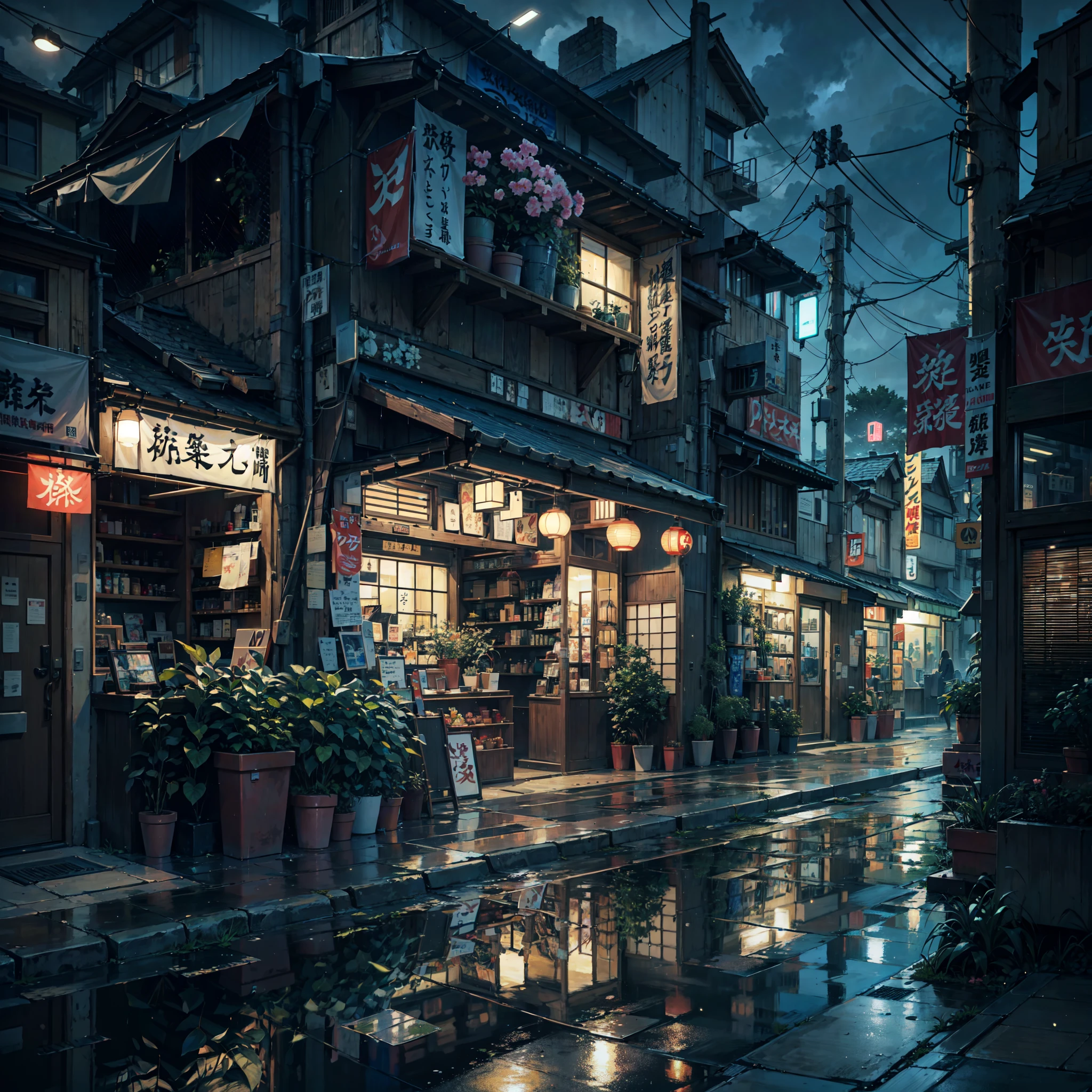 anime background, anime wallpaper, anime scene, anime scenery, anime style, anime vibe, anime, japan, high details, best quality, masterpiece, tiny details, high detail, many details, sparkle, super detail, narrow japanese urban street, japanese shop signs, japanese signs, japanese banners, banners, plant pots, plants, trees, grass, cobble path, trash cans, nigh time, dark, street lights,, (realistic,photorealistic:1.37), narrow anime street, urban, compact, japanese convience store, glass windows, shop signs, billboards, street lights, street lamps, night time, dark, midnight, (best quality,4k,8k,highres,masterpiece:1.2),ultra-detailed, lofi, lofi vibe, lofi stlye, night time, dark, dramatic weather, raining, heavy rain, puddles, rain drops, modern japanese architecture, no one in sight, (no one: 1), Conceptual art, anime, anime style, sparkle, glowing light, reflection light, cinematic lighting, UHD, masterpiece, super detail, high details, high quality, best quality, highres