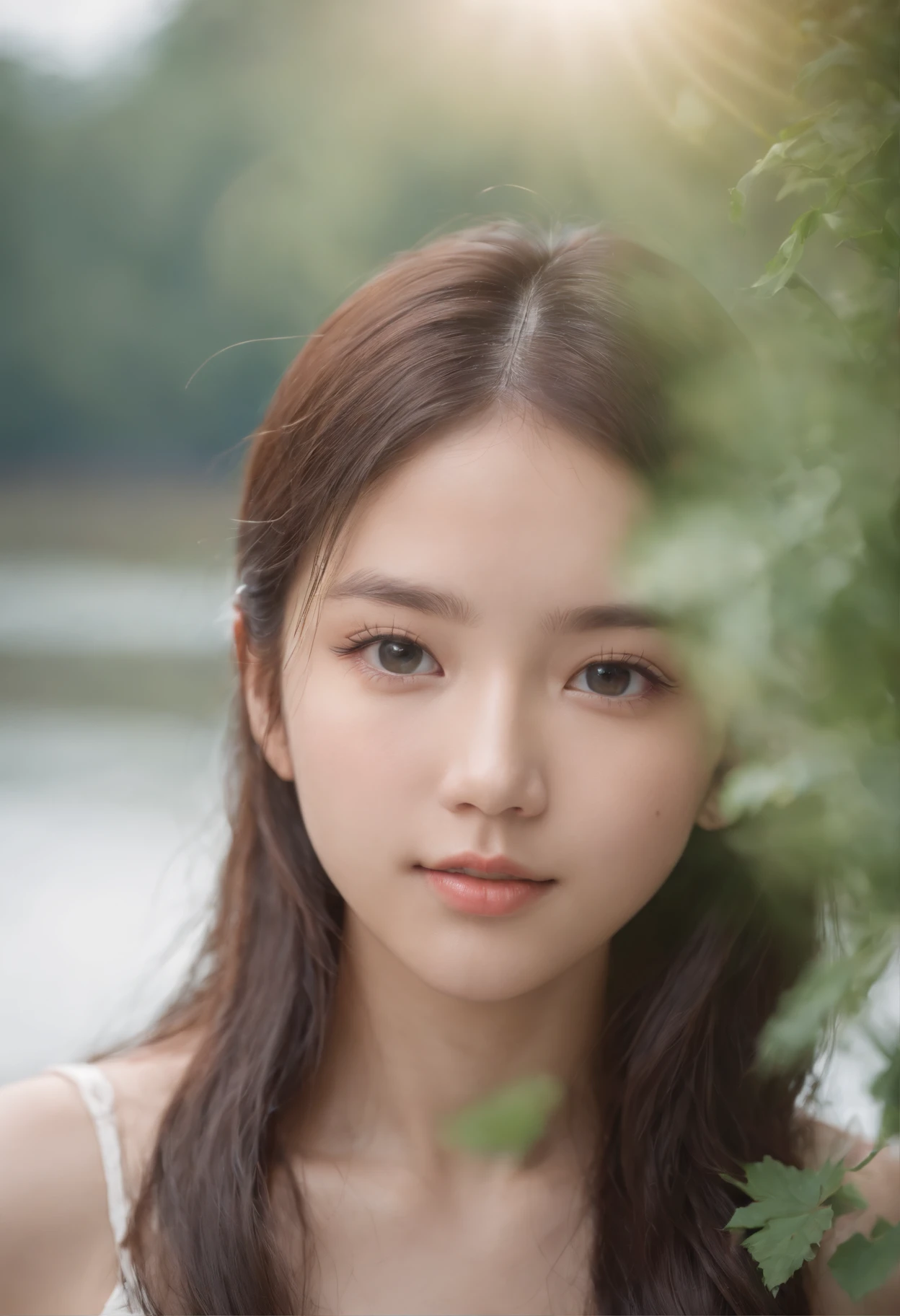 white colors,Bright tones,Front view portrait of  beautiful Japan girl style. facial close-up、Young cute expression、huge-breasted, This image is、Capture a girl splashing water on her face with soft lighting、Emphasizes the eyes that invite with sex appeal,huge-breasted, highlight details. Fog and blue sky fog dreamy haze