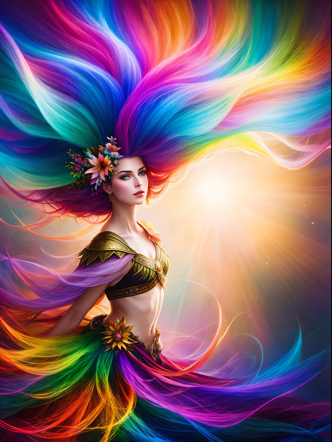 (masterpiece, best quality, absurdres, create an epic artwork of a hair blooming, ((fantasy art)), colorful, volumetric lighting