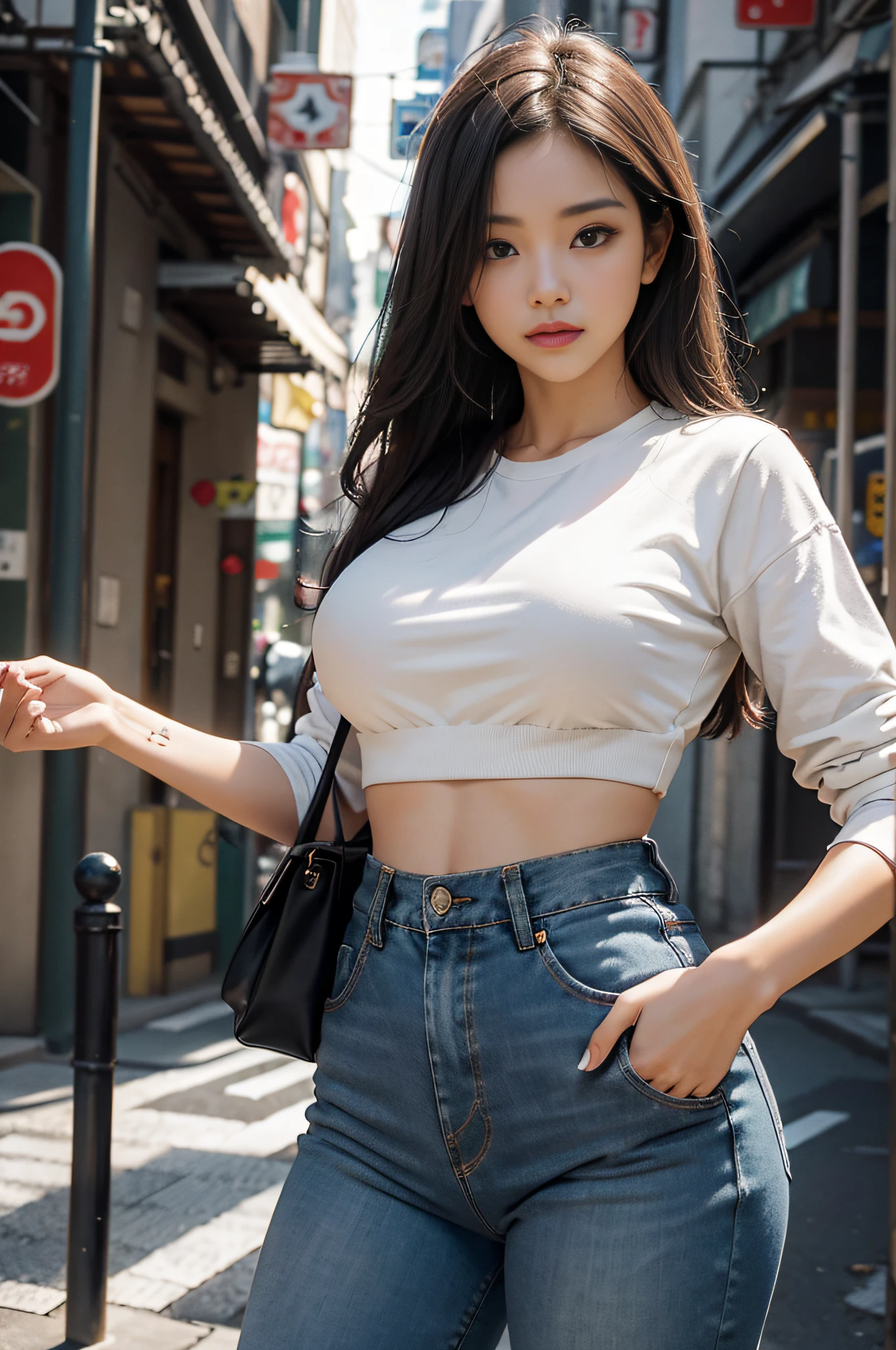 obra-prima, melhor qualidade, alta resolução, profesional lighting, Photo Studio, sozinho, Grande, Rua de Tokyo , jaqueta couro , bra out of position, short jeans rasgado, standingn, frontal, Pose sedutora, duas coxas exageradas, lusciousness, heavy breathing, sexual expression , 4k