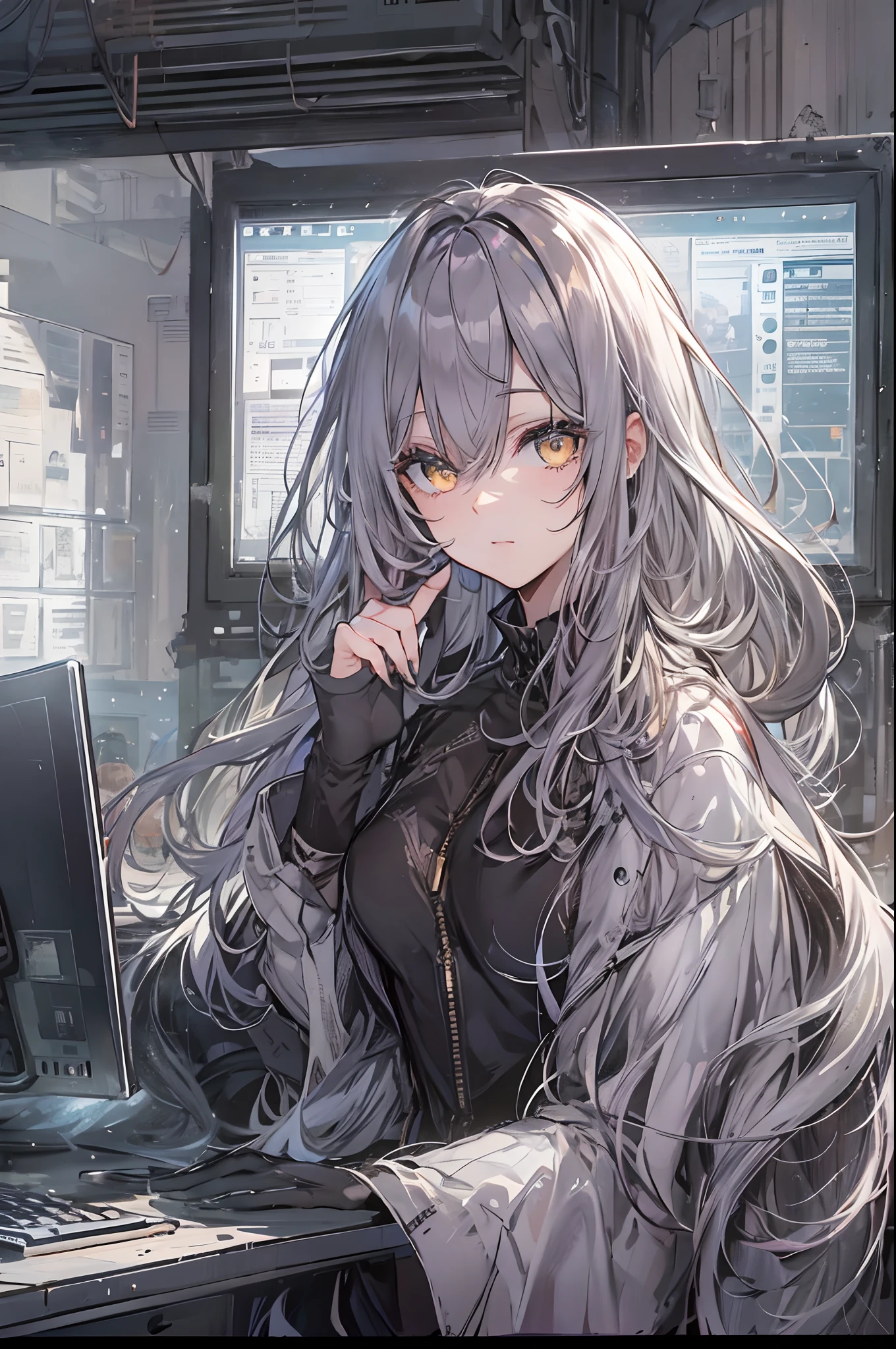 Woman using computer with big screen、silber hair、Semi-long hair,{{{{{{{{ Black Parker Oversize }}}}}}}},beautiful and delicate golden eyes,Thinking,Black clothes,