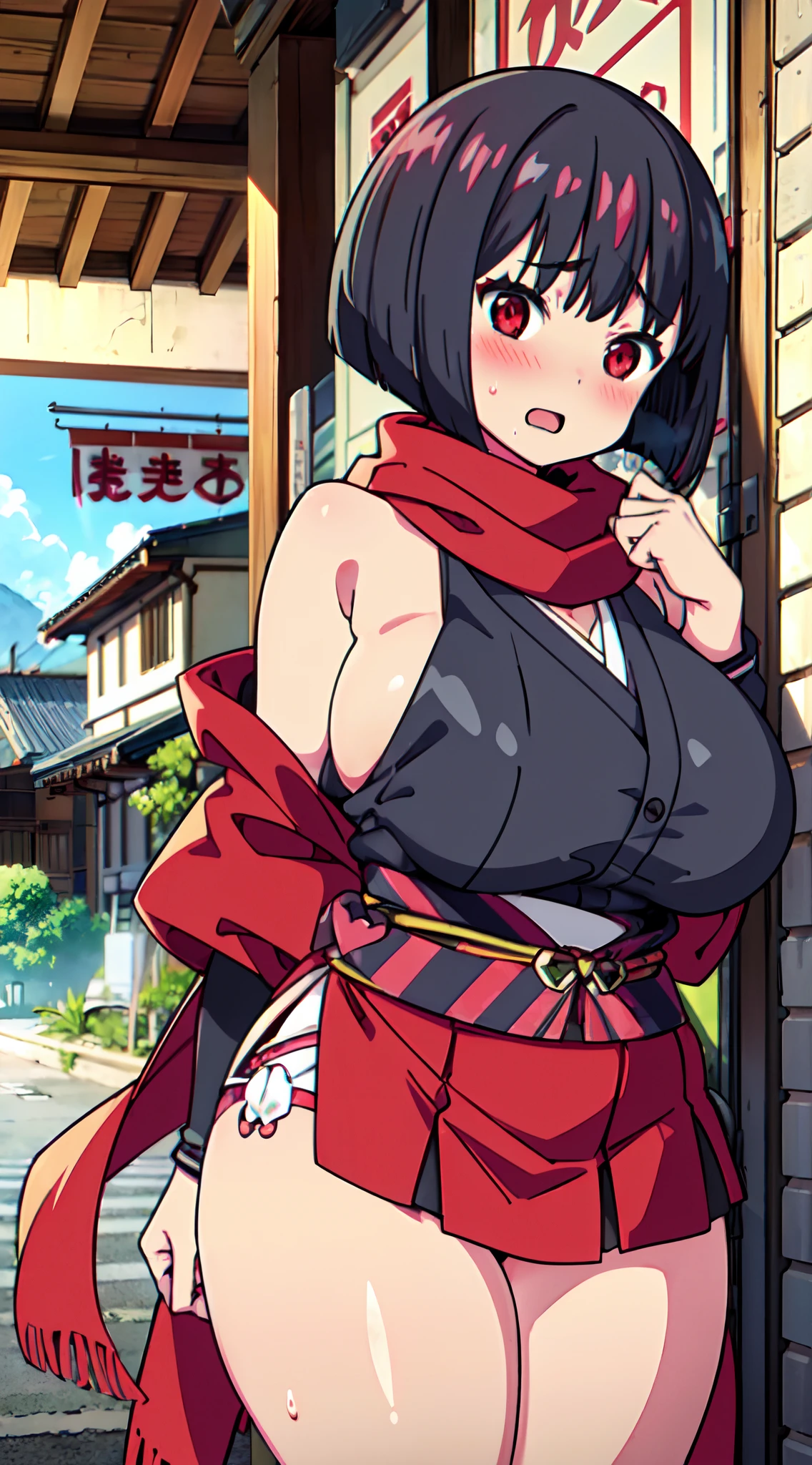 (Perfect body),Best Quality,** K、((((Short stature))))、((((Lori))))、(Kimono)、sleeve less、(Red mini skirt)、White panty、(((blush)))、:D、I have my mouth wide open、Tsuriformes、Blunt bangs、(short-hair)、(((bob cuts)))、(Red Eyes),((Black hair)),(Sweat)、((red scarf))、((Big ass))、((huge-breasted))、(((thick thighs)))、Armpits、