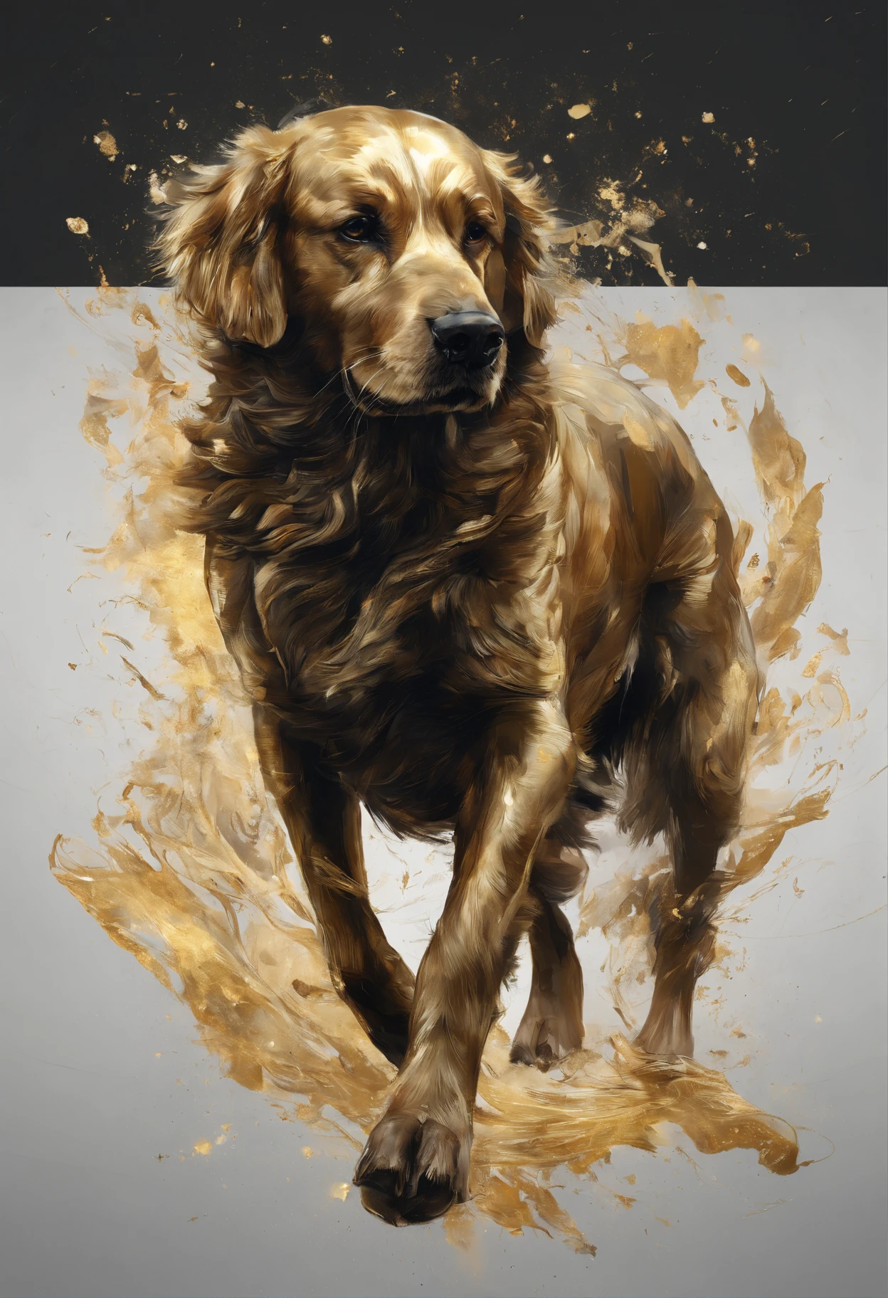 Perfect centralization, Fantastic black-gold beam, delight, Standing position, Golden Retriever, centre, Looking at the camera, Facing the camera, nearing perfection, Dynamic, highly detailed, Liso, foco nítido, 8K, A high resolution, illustration, art by Carne Griffiths and Wadim Kashin, Goldfish characters