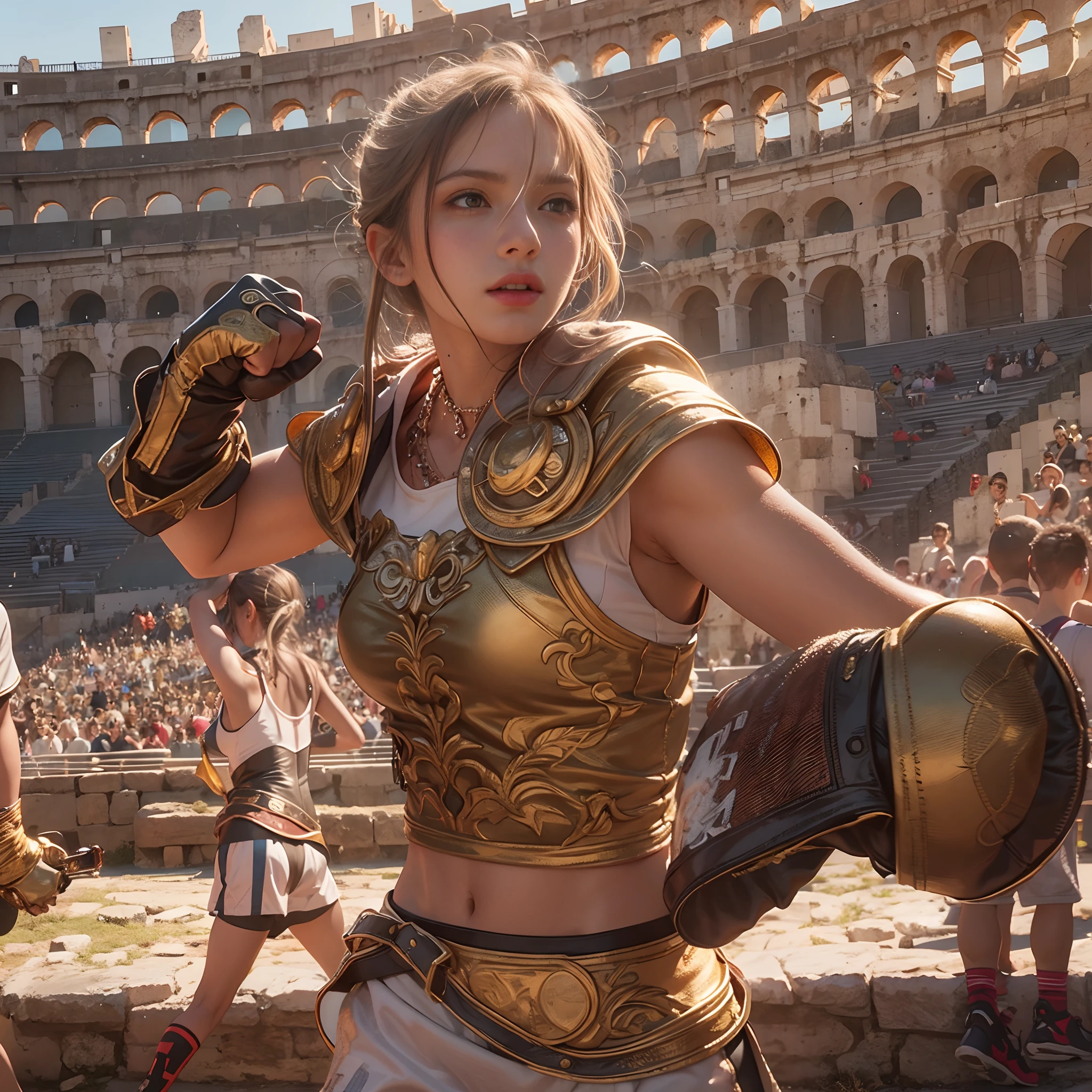 **render**: Boxing Girls, Rendered in highly detailed 4K, Get caught up in intense moments at the Greek Colosseum. When she shakes her fist, The luster of her skin and her detailed features stand out. The background is vivid with strong sunlight, Showcase a Colosseum packed with spectators.