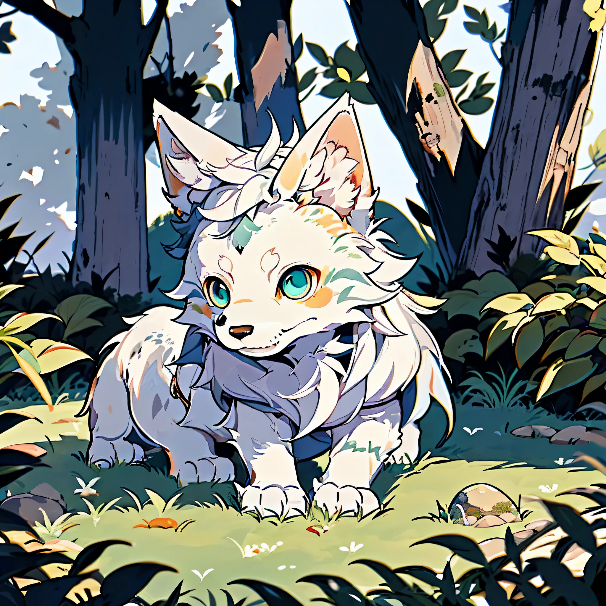 There was a pure white wolf beast sitting on the grass and looking at the sky,The coat color is pure white,pure white,No décor,no garnish,quadrupedal,blue color eyes,canid,coyote,hand painted cartoon art style,Artistic cover,kawaii cutest sticker ever,stickers illustrations,Chai Mansion,Yoshinari Kono,Cute features,,by Gusukuma Seihō,stickers illustrations,Cute characters