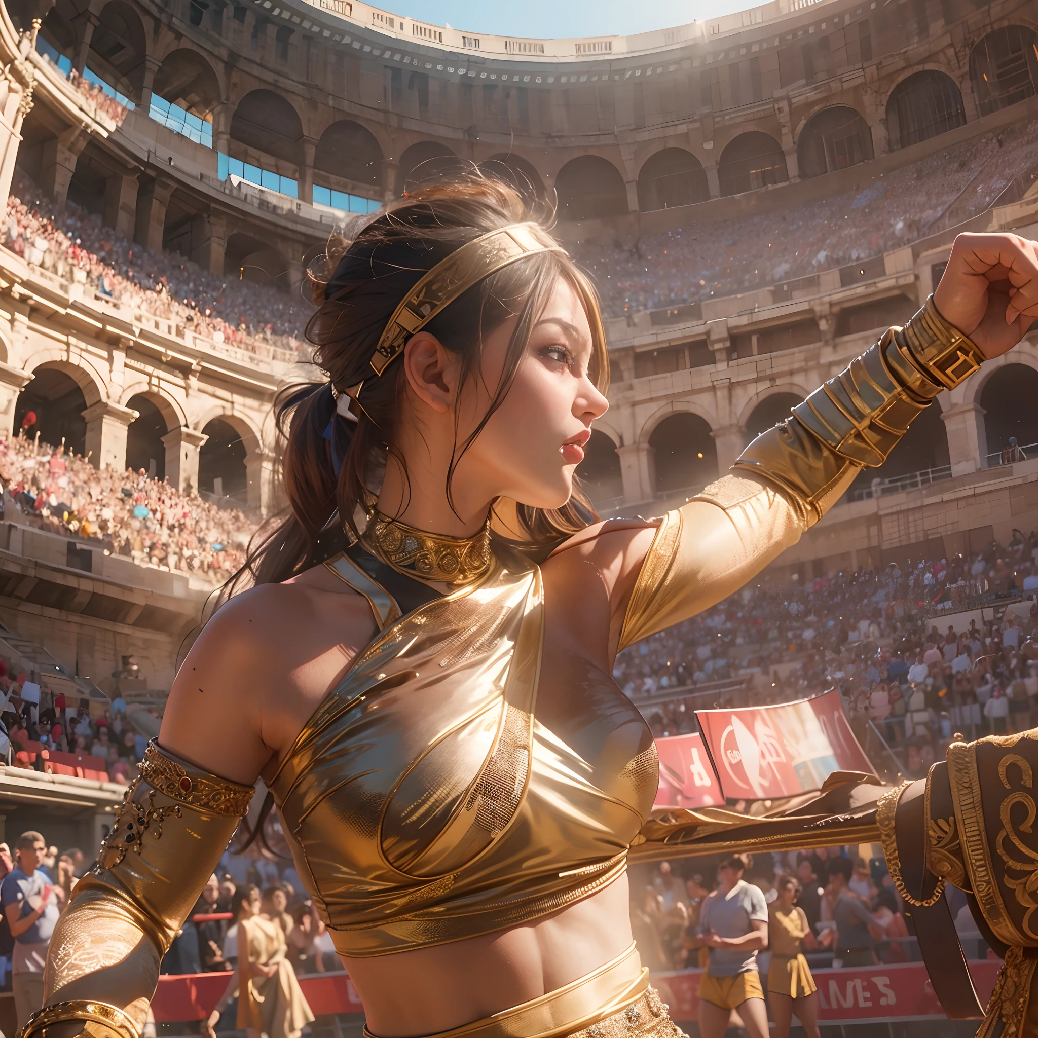 **render**: Boxing Girls, Rendered in highly detailed 4K, Get caught up in intense moments at the Greek Colosseum. When she shakes her fist, The luster of her skin and her detailed features stand out. The background is vivid with strong sunlight, Showcase a Colosseum packed with spectators.