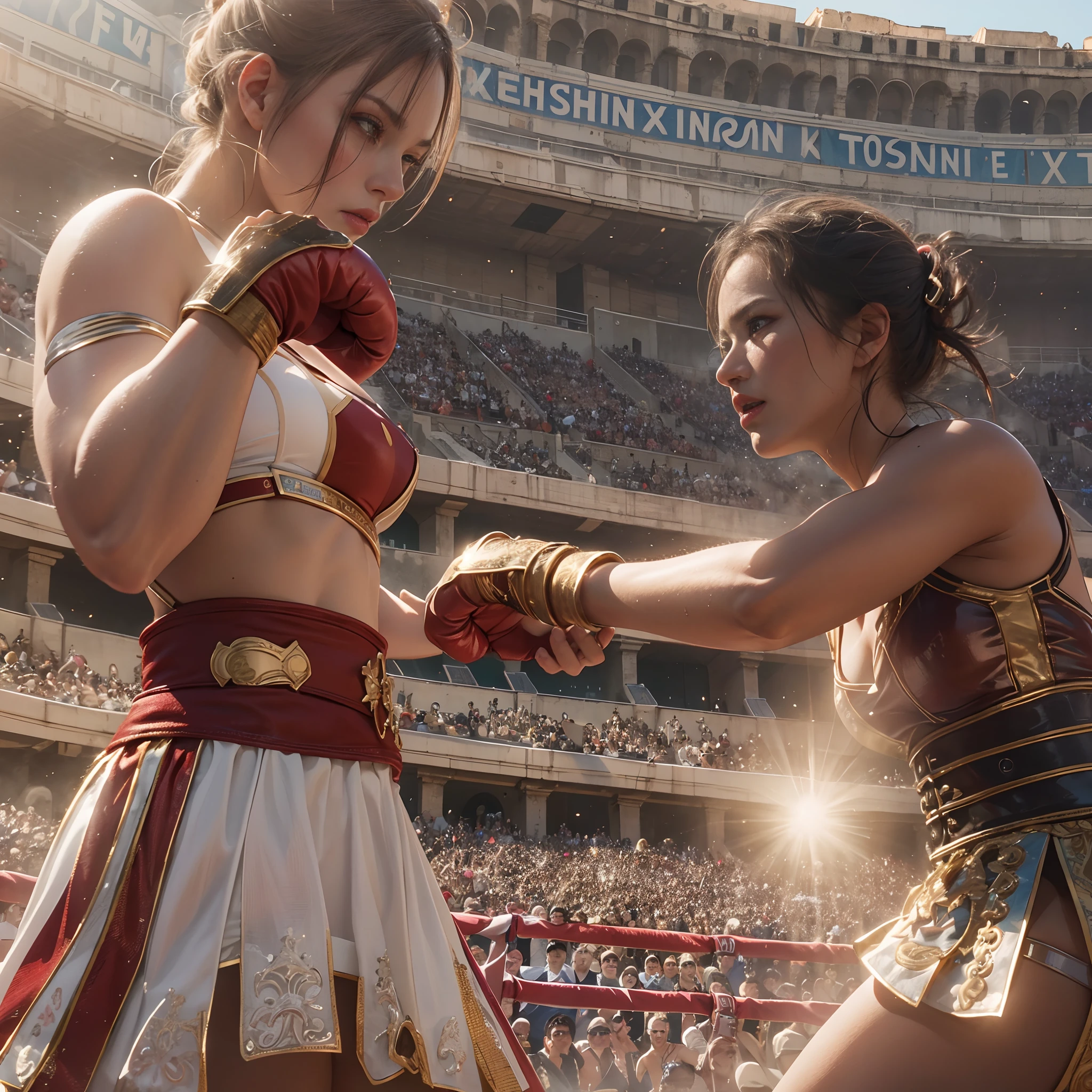 **render**: Boxing Girls, Rendered in highly detailed 4K, Get caught up in intense moments at the Greek Colosseum. When she shakes her fist, The luster of her skin and her detailed features stand out. The background is vivid with strong sunlight, Showcase a Colosseum packed with spectators.