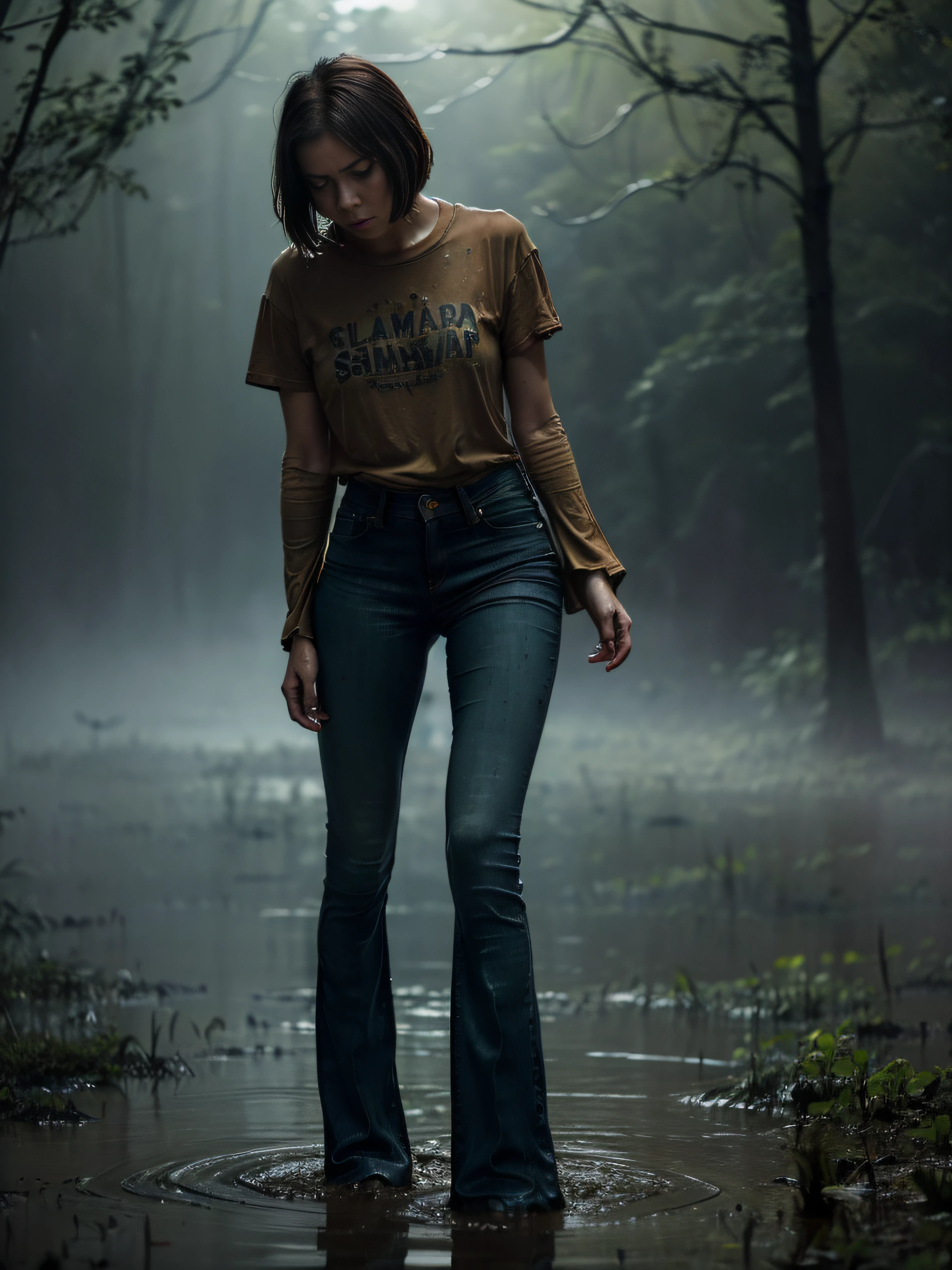 (Flared jeans:1.2), (Wide flares on jeans:1.3), (covered in liquid brown mud), (Best Quality,hight resolution,bokeh:1.2),The woman,standingn,Pronounced wrinkles,Bob haircut,Detailed eyes and face,tshirt,expression of despair,Dark and moody lighting,mist,desperation,(Drowning in a swamp below the knee:1.3),(standingn:1.1), Posing