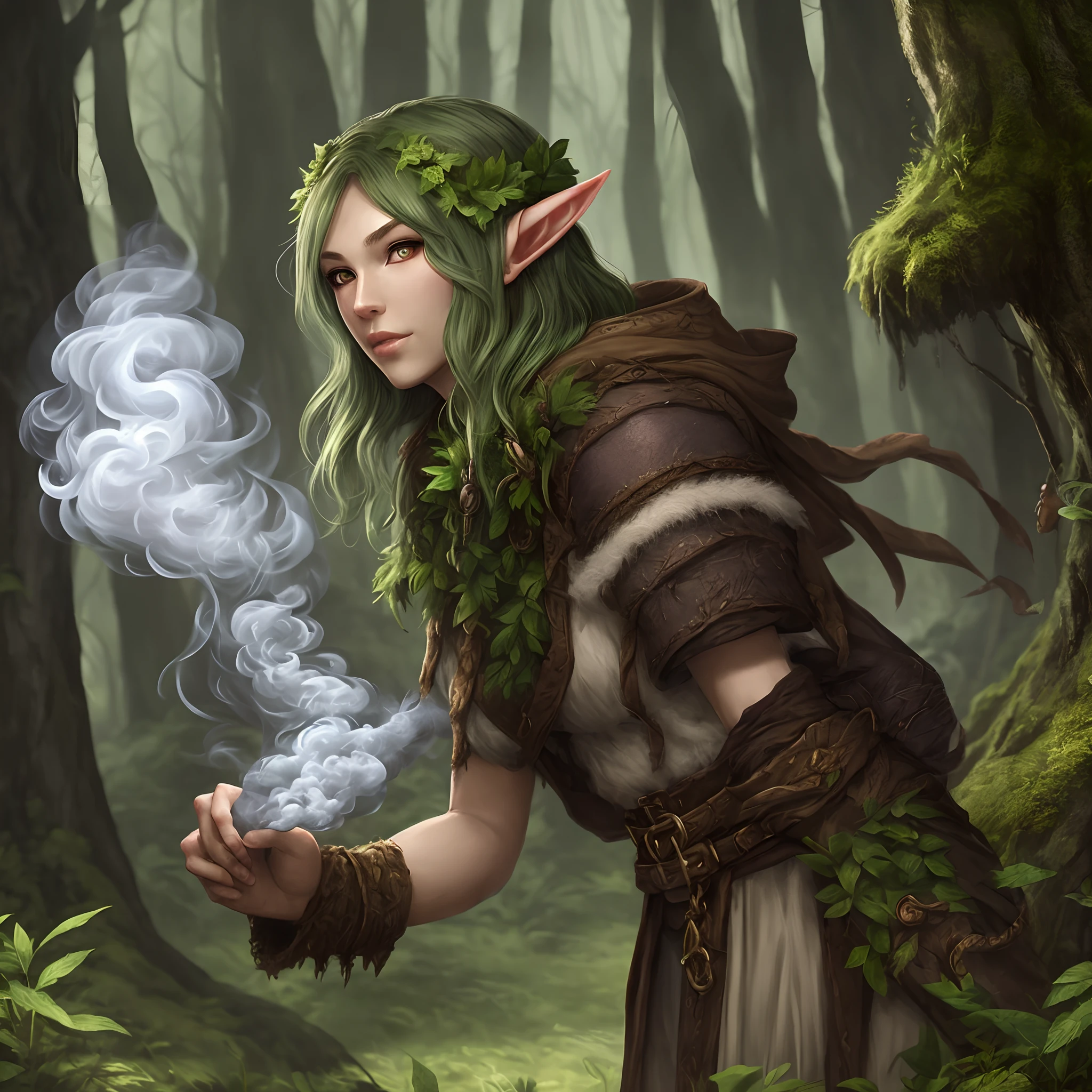 D&D 5E Druid Forest Elf with Left Hand in Smoke Green
