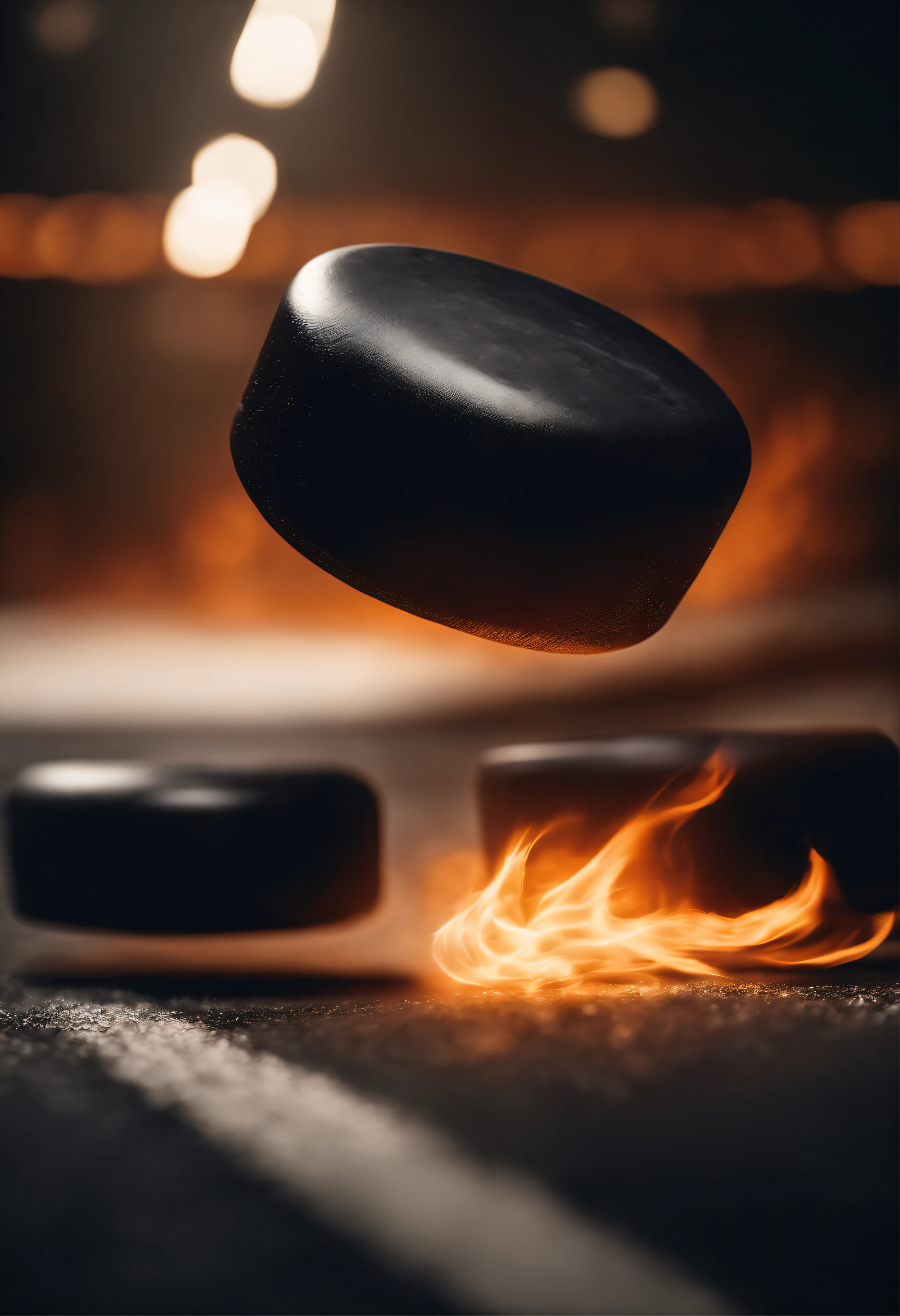 Hockey puck flies with a fiery trail