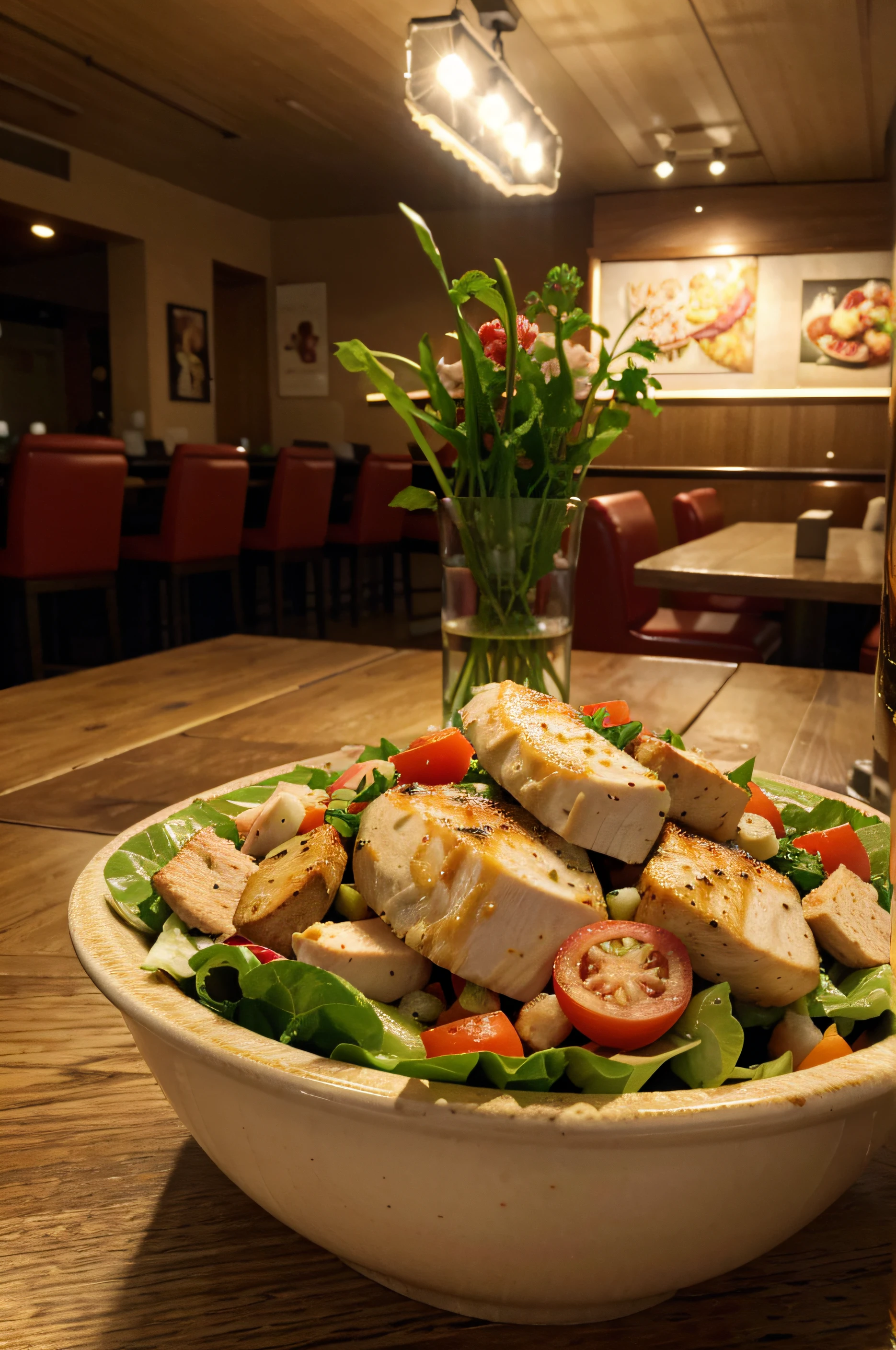 A salad with chicken, tomato, and onion on the table in a restaurant, under soft lighting. (best quality, realistic, highres, HDR:1.2), ultra-detailed, realistic lighting