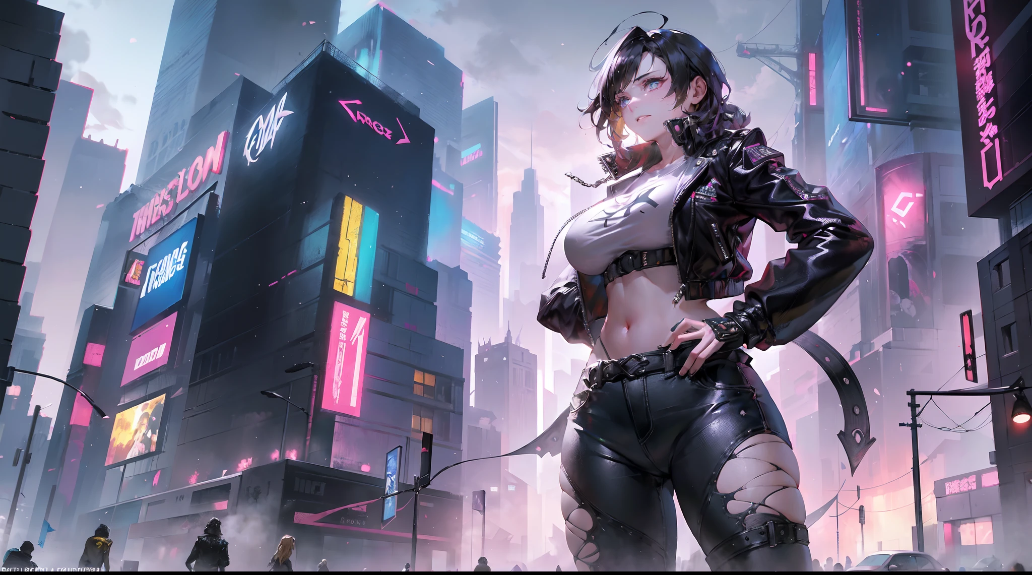 energetic and confident, a tomboy rogue, with a strong appearance. The girl in the painting has a great physique, with yellow very short hair that adds to her bold and daring look. Her eyes are beautifully detailed, capturing her vibrant spirit. Her lips are also beautifully detailed, with a hint of a smirk, reflecting her mischievous nature.
Her attire is stylish and edgy, with a mix of rugged and fashionable elements. She wears a fitted leather jacket, perfectly accentuating her strong figure. The jacket is adorned with metal studs and patches, showcasing her rebellious side. Underneath, she wears a graphic t-shirt that complements her energetic personality. Her bottoms consist of ripped skinny jeans, giving her a carefree and adventurous vibe.
In the background, we see a bustling cityscape, with towering skyscrapers and bright neon lights. The city is alive with energy, mirroring the girl's lively and vivacious spirit. The vibrant colors of the city lights create a dynamic atmosphere.
To enhance the visual impact of the artwork, we want to emphasize the best quality and attention to detail. The image should be ultra-detailed, capturing every intricate aspect of the girl's appearance. We aim for a realistic and photorealistic representation of the scene. The colors should be vivid and vibrant, evoking a sense of excitement and adventure.
For the lighting, we want a dramatic and dynamic effect. The girl should be illuminated by the neon lights of the city, creating interesting contrasts between light and shadow. The lighting should bring out the textures and details of her attire, enhancing the overall visual impact.
Overall, this artwork portrays a fierce and confident tomboy rogue, exuding energy and strength. The combination of her strong appearance, big breasts, and short yellow hair creates a memorable and captivating image. The vibrant cityscape and attention to detail further enhance the overall artwork, making it a masterpiece of modern urban art.