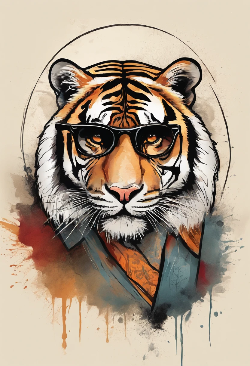 Logo Idea: cool sunset tiger wearing sunglasses, illustration, 16k, T-shirt graphic, retro vintage style, circle, all grey background front facing, magic, sharp design, smooth, monochromatic colorful, vector art, Use Adobe Illustrator to craft the logo with crisp lines, vintage, retro, vector, dynamic pose in the style of Peter Morbacher and Abigail Larson and Iren Horr