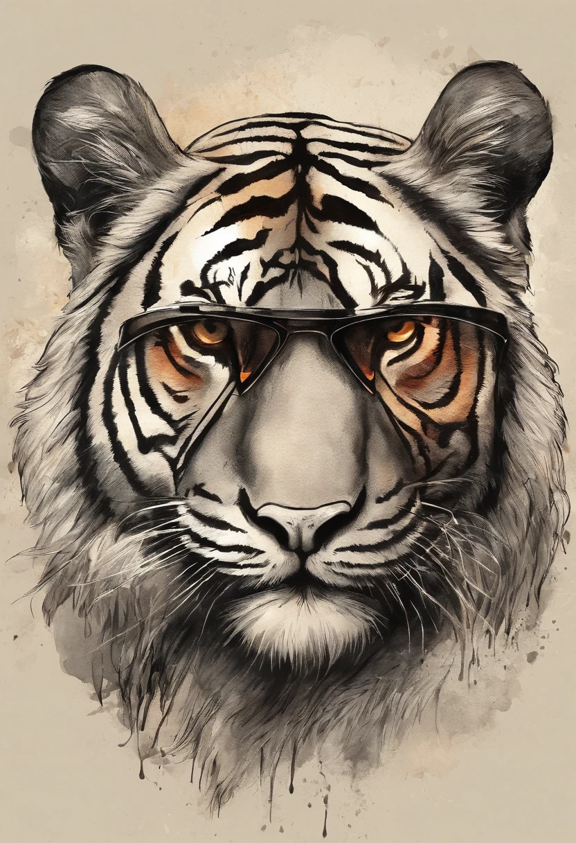Logo Idea: cool sunset tiger wearing sunglasses, illustration, 16k, T-shirt graphic, retro vintage style, circle, all grey background front facing, magic, sharp design, smooth, monochromatic colorful, vector art, Use Adobe Illustrator to craft the logo with crisp lines, vintage, retro, vector, dynamic pose in the style of Peter Morbacher and Abigail Larson and Iren Horr