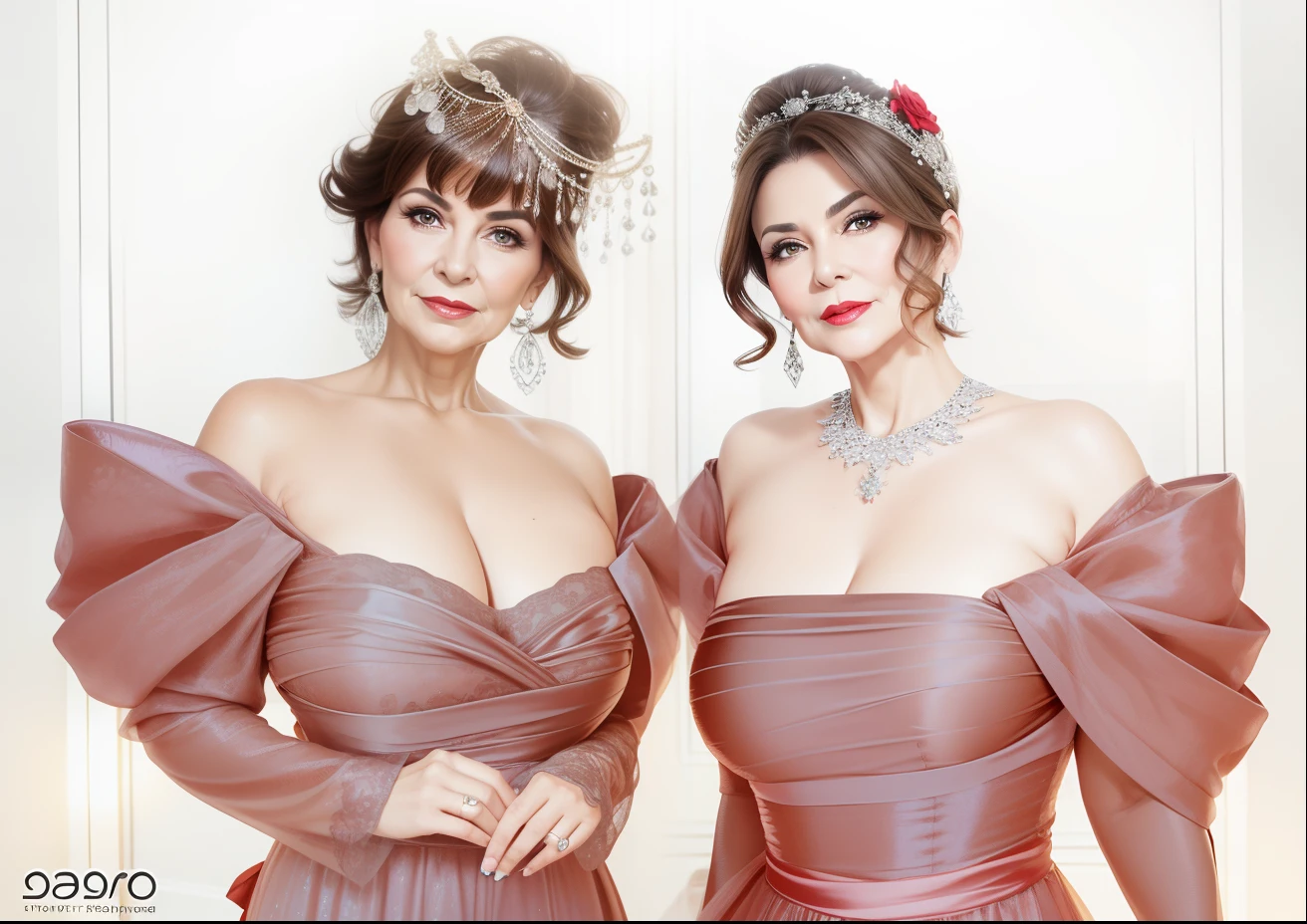 Portrait of a 60-year-old woman with short brown hair, a captivating gaze, Brown eyes, Wrinkles on her face, She wears a very black evening dress that reveals big flabby breasts, Light makeup and red lips. 32K