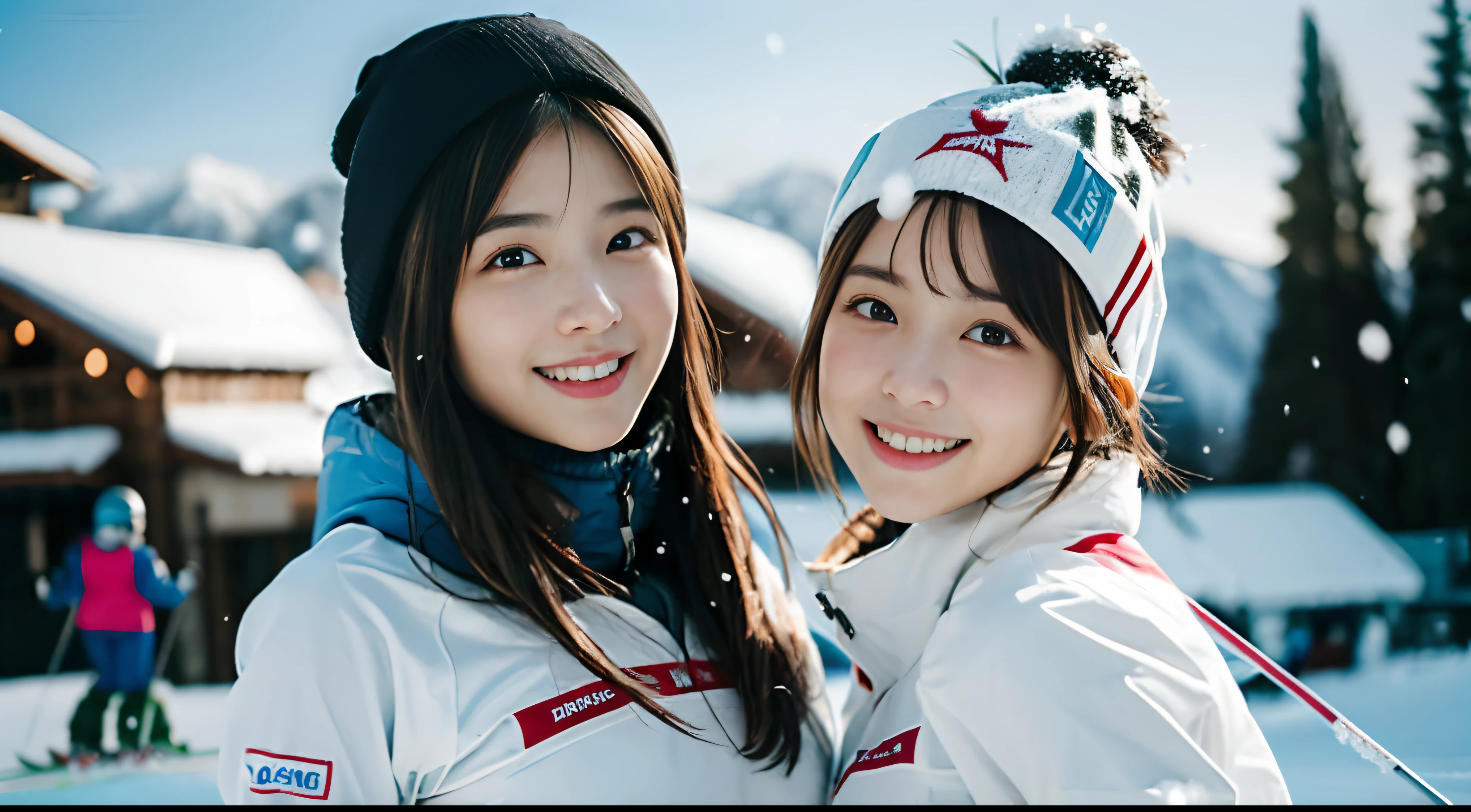 ((Top Quality, 8k, Masterpiece: 1.3)), (kneeling on the floor, open legs :1.2), Perfect Body Beauty: 1.4, large_breasts, Beautiful Woman, Two Women, Big: 1.4, Slender Figure: 1.1, Toned Abs, Dark Brown Hair, short hair, (skiing, Wet Body, skiing Uniform: 1.2), Ultra Detailed Face, Detailed Lips, Detailed Eyes, Double Eyelids, face to face, hug from behind, (2girls:1.6), skiing field,