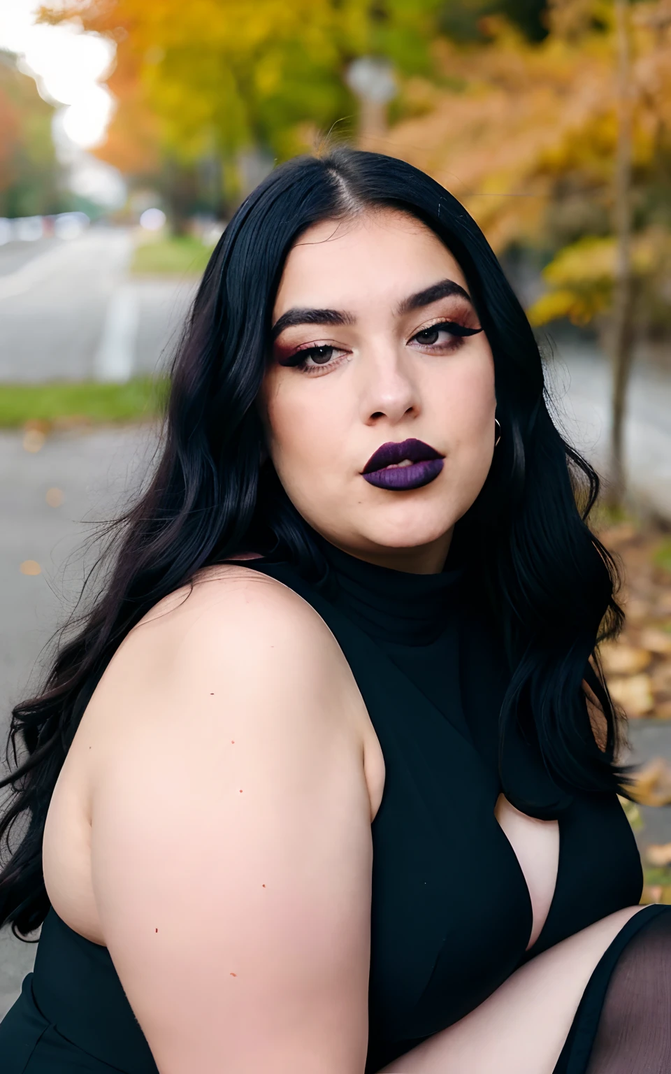 fashion photoshot, beautiful chubby woman wearing dress, latina, long black hair, chubby, face like Dua Lipa, stylish goth make up, black lipstick, posing, upclose portrait, bored face expression, fall background, overweight, chubby body, fat instagram model, fashionable, detailed, deep photo, raw photo, film grain, professional photo, vintage instagram LUT