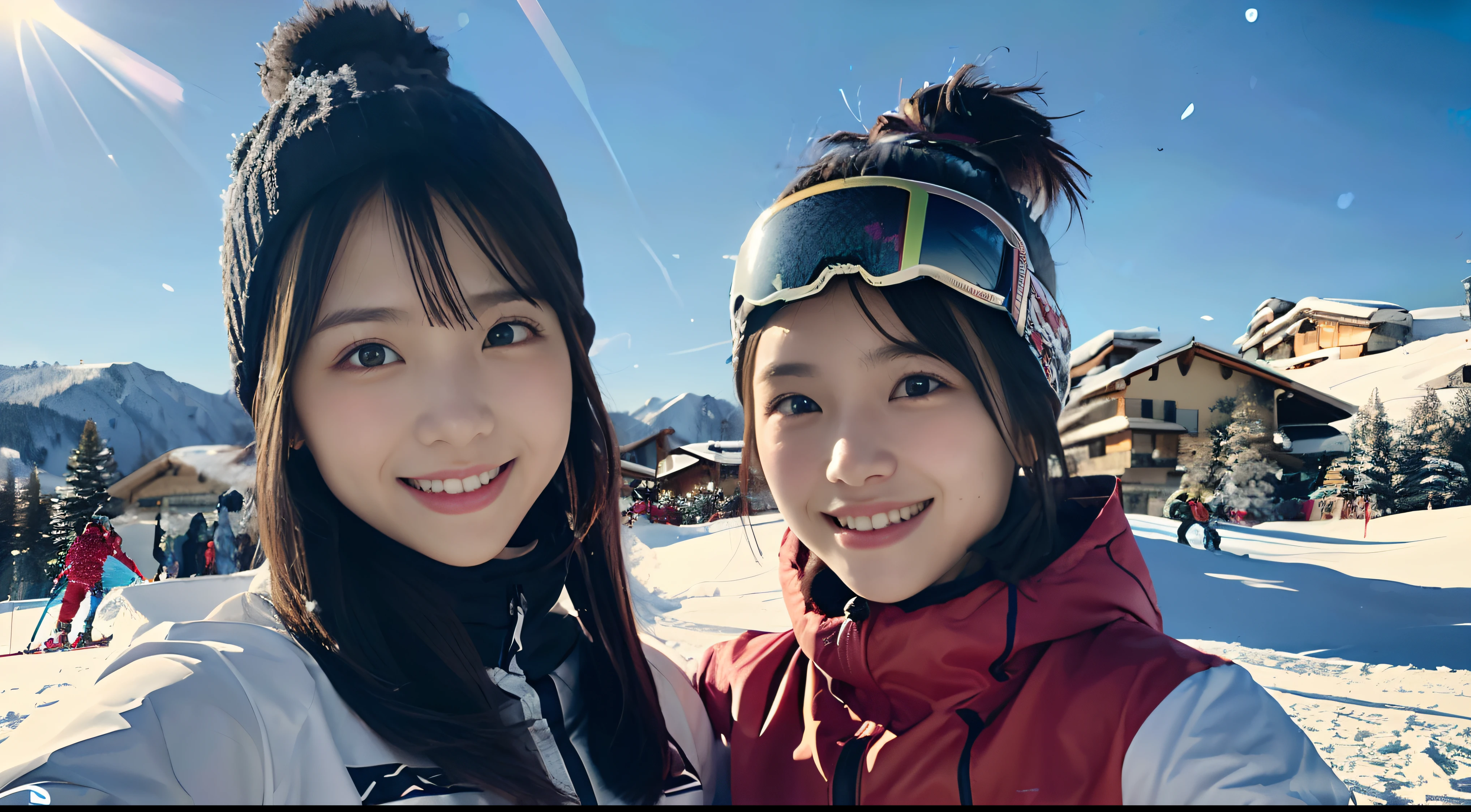 (Portrait of two girls with thin small breasts and short hair in colorful ski wear:1.5)、(Two girls skiing with show-off faces and small smiles :1.5)、(Snow Ski Garden:1.5)、(Beautiful Sunset Sky 1.5)、(Perfect Anatomy:1.3)、(No mask:1.3)、(complete fingers:1.3)、Photorealsitic、Raw photography、masutepiece、top-quality、hight resolution、delicate and pretty、face perfect、Beautiful detailed eyes、Fair skin、Real Human Skin、pores、((thin legs))、(Dark hair)