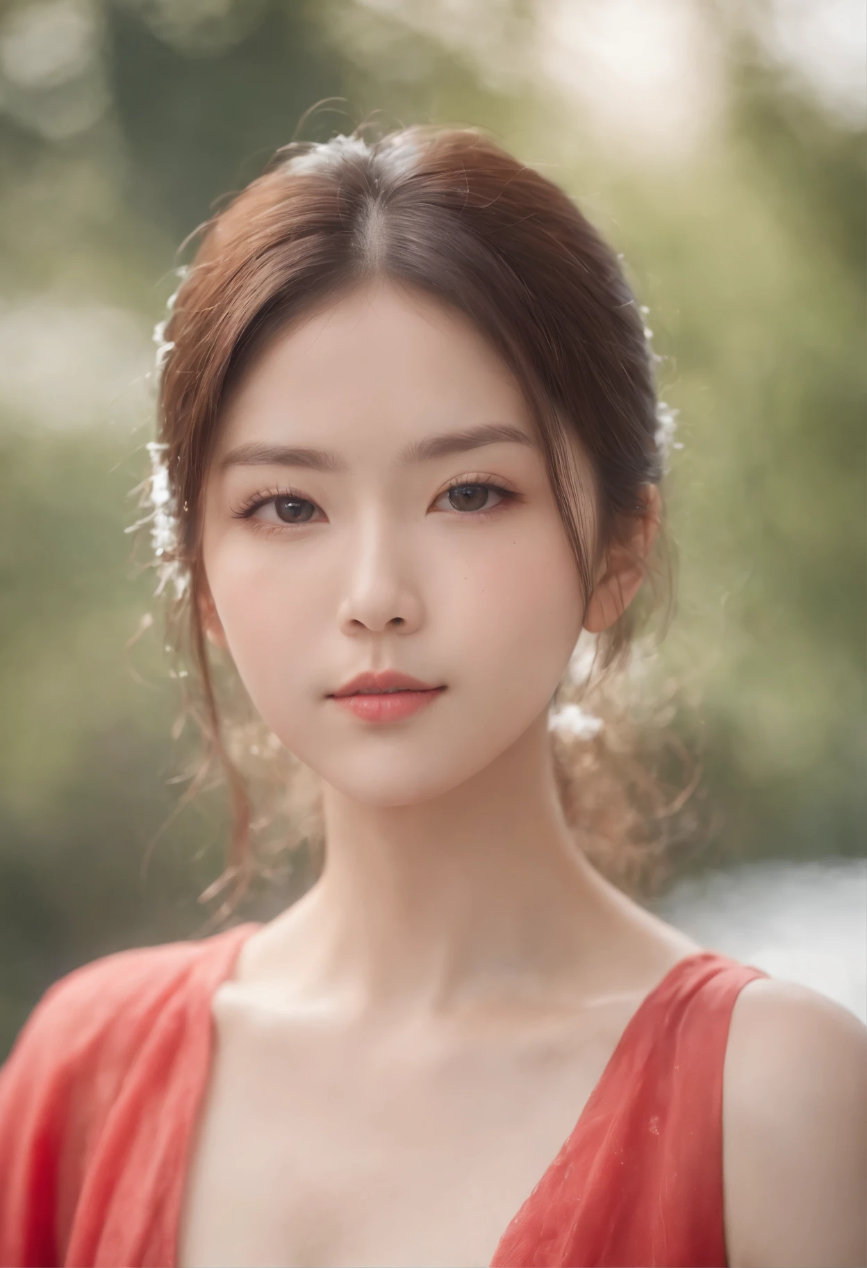 white colors,Bright tones,Front view portrait of beautiful Japan girl style. facial close-up、Young cute and sexy look、Red cheeks、Organism、half-opened mouth、huge-breasted, This image is、Capture a girl splashing water on her face with soft lighting、Emphasize the inviting gaze with sex appeal,huge-breasted, highlight details. Foggy and blue sky foggy dreamy haze