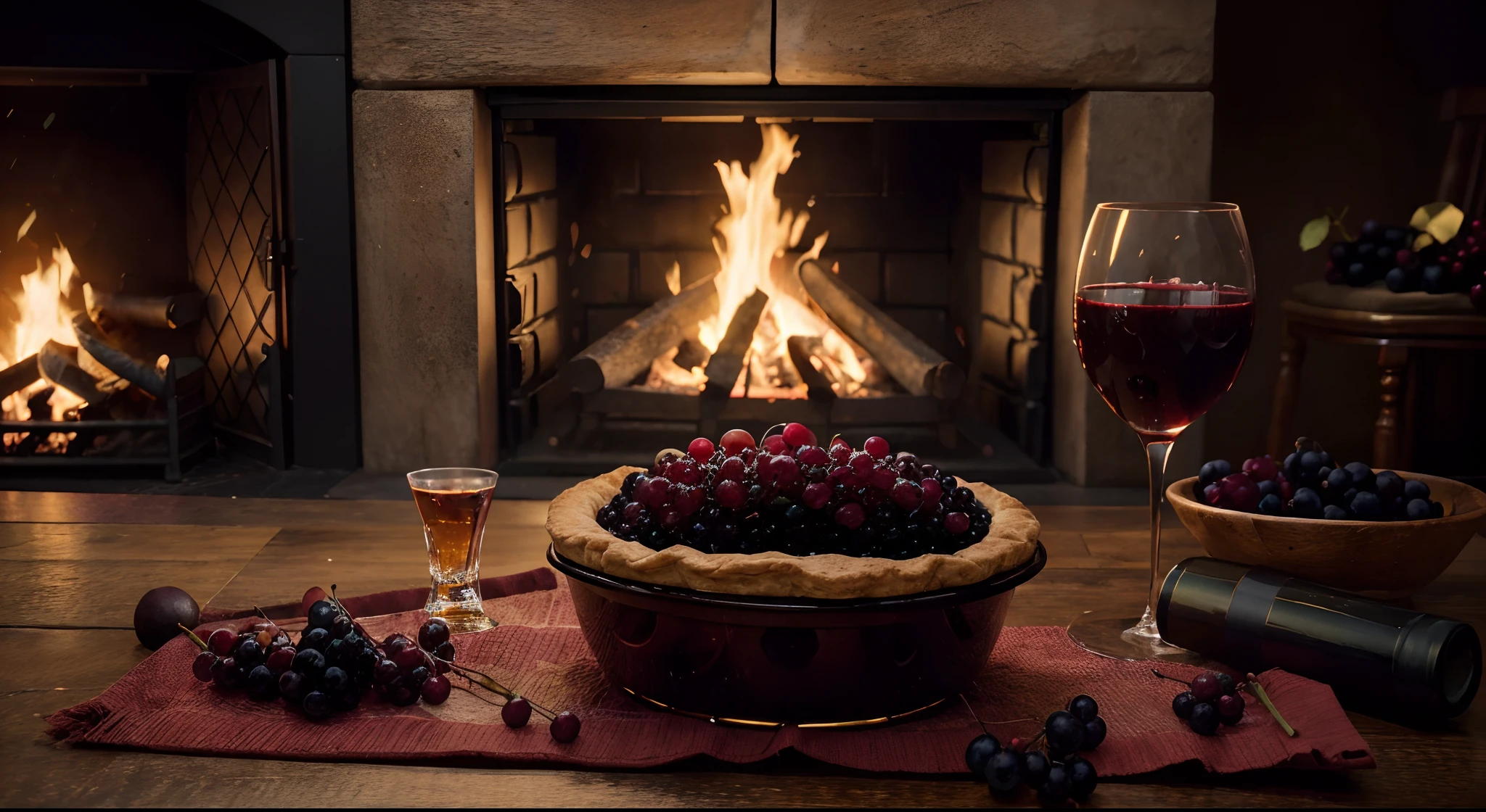 (best quality,4k,8k,highres,masterpiece:1.2),ultra-detailed,(realistic,photorealistic,photo-realistic:1.37),(autumn) scene, (drink photography) with focus on (wine-glass filled with blackcurrant juice), (blackcurrant fruit pie) placed on a (table set-up) near a (warm fire-place). The table is adorned with a (scattered blackcurrant fruits) adding a pop of color to the scene. The (lighting) is warm and cozy, casting a soft glow on the setup, creating a (romantic) and (intimate) atmosphere. The (photography) captures the essence of the (season) with vibrant hues of orange, red, and gold, reminiscent of falling leaves. The (wine-glass) exudes a sense of elegance and sophistication, inviting the viewer to indulge in a rich and flavorful drink. This artwork combines the beauty of nature and the art of (drink photography) to create a captivating and visually stunning image.