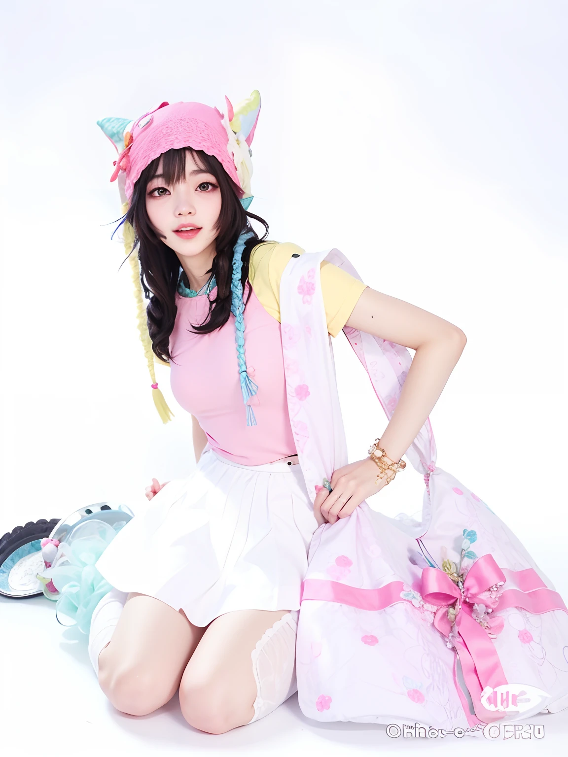 Chica de Araffe con sombrero rosa y vestido blanco con bolso rosa, Hermosa Delphine, ulzzang, Sakimichan, Estilo kawaii, Fairycore, Kim Doyoung, Linda chica kawaii, Sha Xi, Cutecore, foto de la revista, Jaeyeon Nam, Estilo de color Aya Takano, Shikamimi, muy hermosa linda catgirl, Imagen del anuncio
