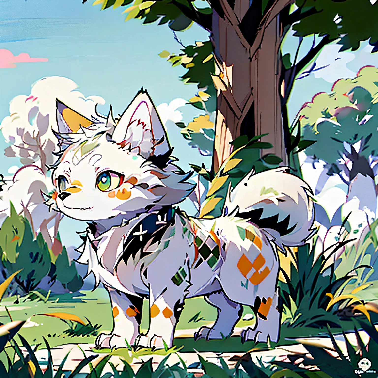 There was a pure white wolf beast sitting on the grass and looking at the sky,quadrupedal,The coat color is pure white,No noise,canid,coyote,hand painted cartoon art style,Artistic cover,kawaii cutest sticker ever,stickers illustrations,Chai Mansion,Yoshinari Kono,Cute features,,by Gusukuma Seihō,stickers illustrations,Cute characters