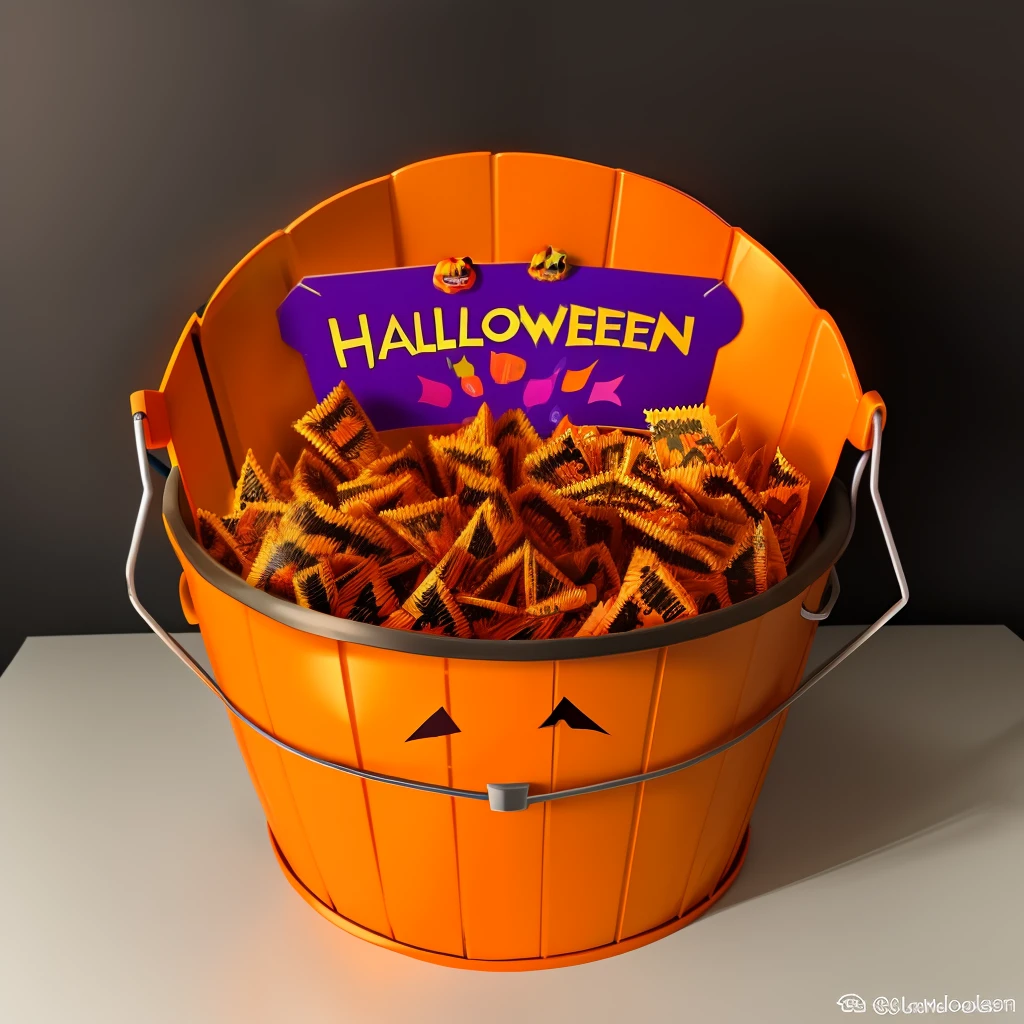 Large bucket of Halloween candy with a spooky sign saying “Take One”