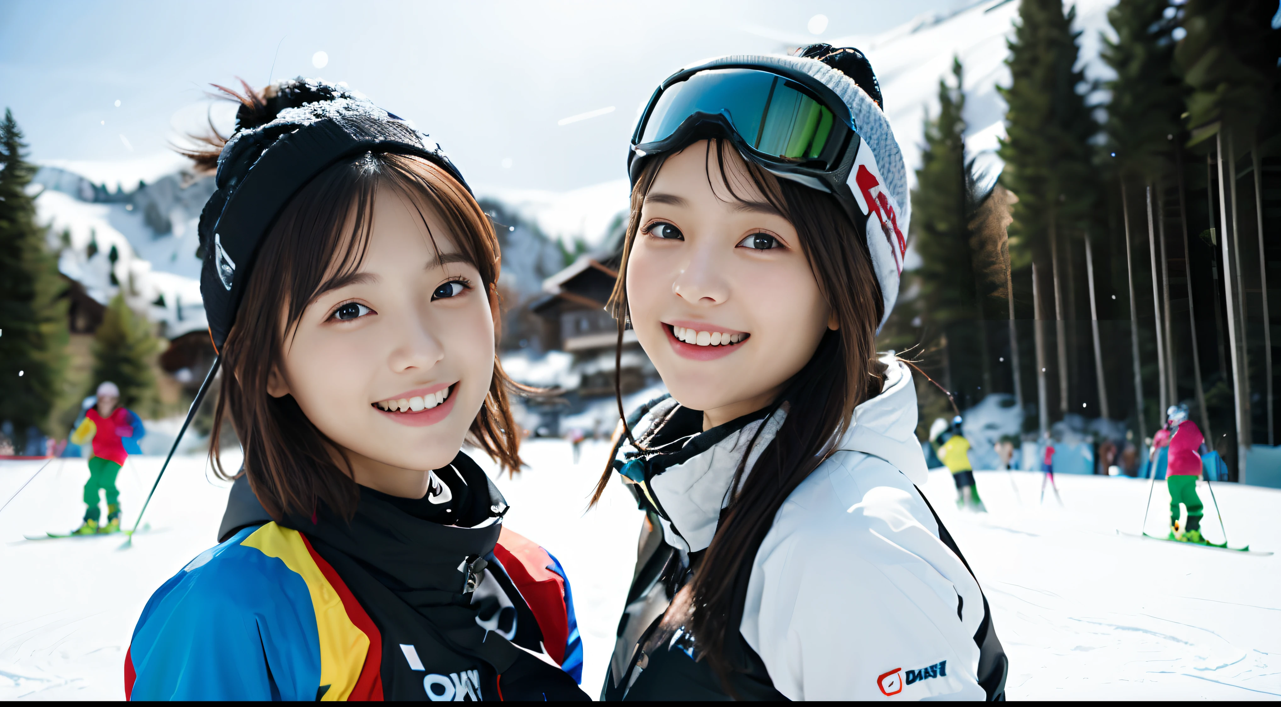 (Portrait of two girls with thin small breasts and short hair in colorful ski wear:1.5)、(Two girls skiing with show-off faces and small smiles :1.5)、(Snow Ski Garden:1.5)、(blurry backround:1.5)、(Perfect Anatomy:1.3)、(No mask:1.3)、(complete fingers:1.3)、Photorealsitic、Raw photography、masutepiece、top-quality、hight resolution、delicate and pretty、face perfect、Beautiful detailed eyes、Fair skin、Real Human Skin、pores、((thin legs))、(Dark hair)