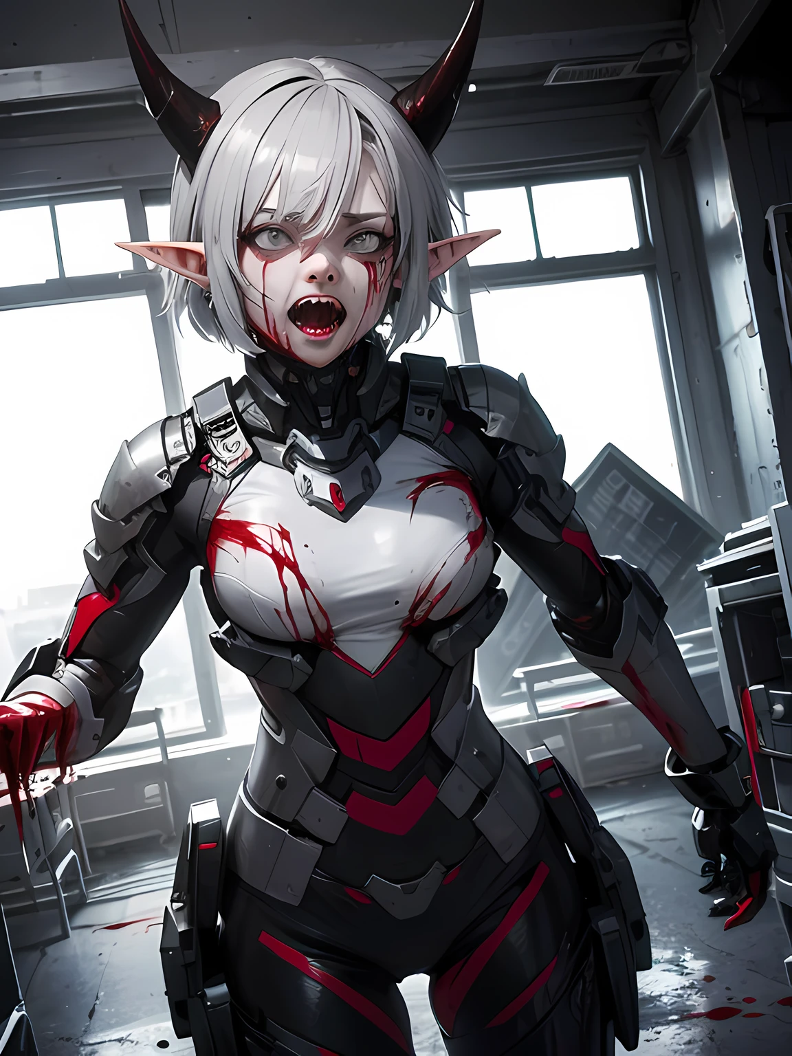 (masterpiece, ultra_realistic, cowboy shot), best quality, robot, female vampire, elf_ears, (circle eye pupil, Her Asymmetric Pixie hairstyle, Showing teeth, fangs, silver hair, short hair, and left-facing bangs, grey eyes, cry of anger, covered in blood), has small horns, She's dressed fashioned mecha_suit, horror make-up, horror room