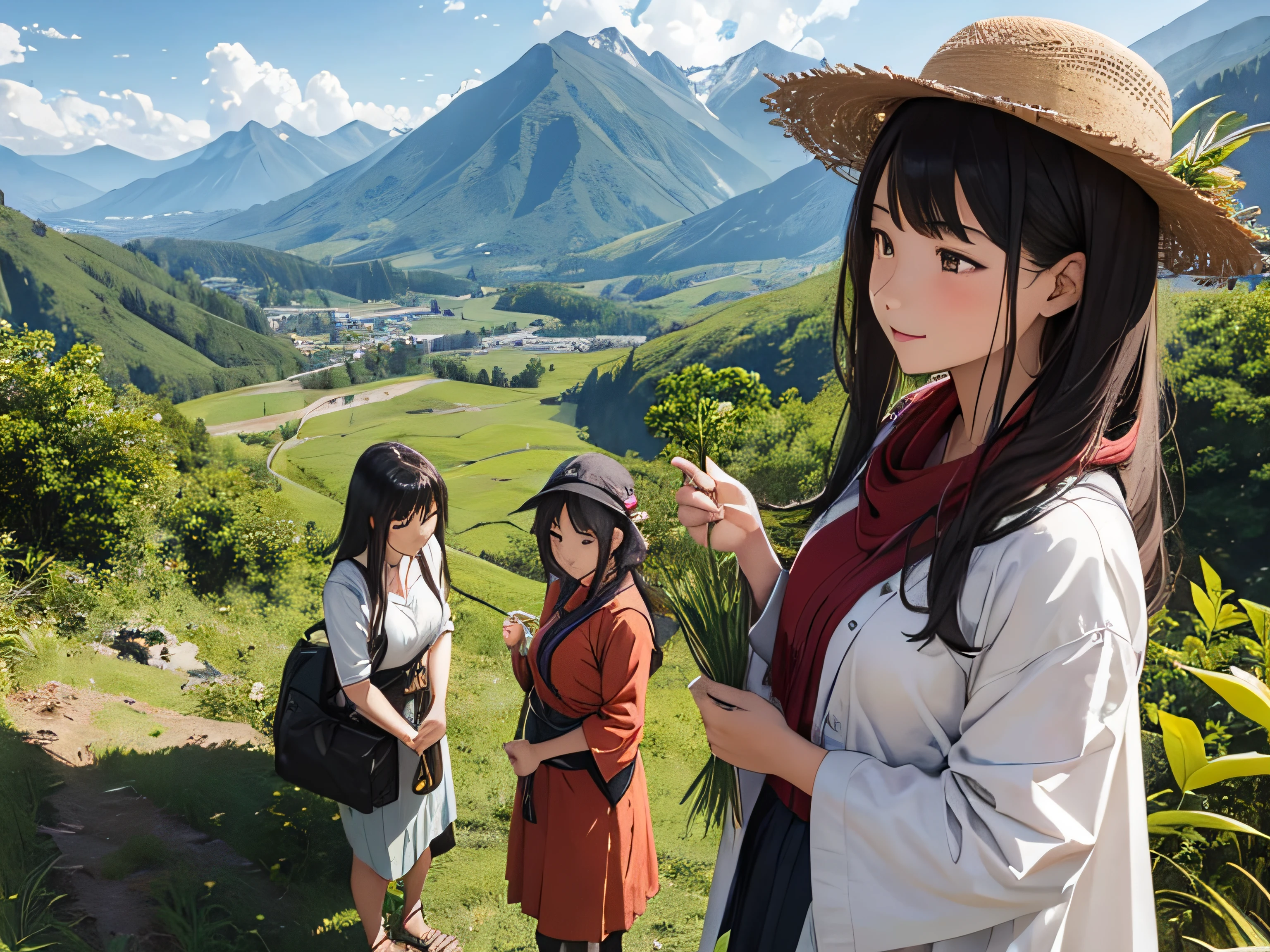 3 females、Feeding wild plants、in mountains、harvest、One woman descends a mountain
