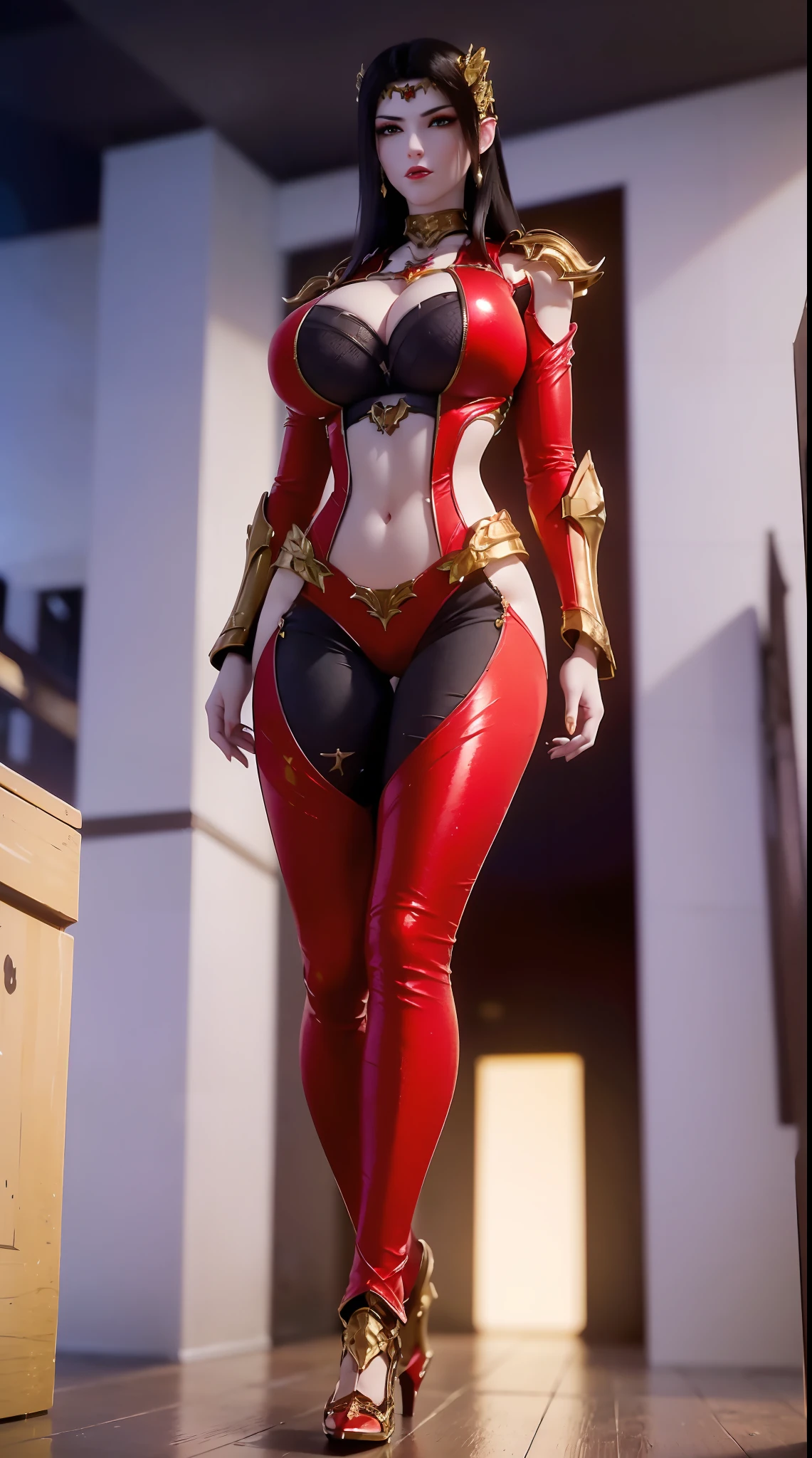 (1GIRL,ALONE:1.5), (super detailed face, black long hair), ((gold phoenix head:1)), (BIG BUTTOCKS, HUGE FAKE BREASTS:1.5), (CLEAVAGE TOP:1.3), (MUSCULAR ABS:1.2), (MECHA GUARD ARM:1.4), (WEAR RED SHINY MECHA OVERWATCH ARMORED, BLACK MECHA SKINTIGHT SUIT PANTS, MECHA GUARD ARMOR LEGS, HIGH HEELS:1.5), (THICC MUSCULAR FEMALE BODY), (GLOWING SKIN:0.8), (LONG LEGS, FULL BODY:1.1), (LOOKING AT VIEWER:1.3), (female focus:0.886), (WALKING DOWN HALLWAY OF FUTURISTIC SPACE STATION:1), (BRIGHT LIGHT WHITEROOM:1.3), SUPER TEXTURE, UNREAL ENGINE RENDER, PHYSICALLY-BASED RENDERING, ULTRA HIGHT DEFINITION, 16K, 1080P.