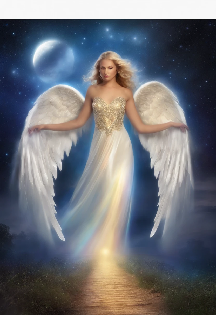 Angel of the universe, shining eyes of light, particles of light, shining light, full moon, shooting star, rainbow