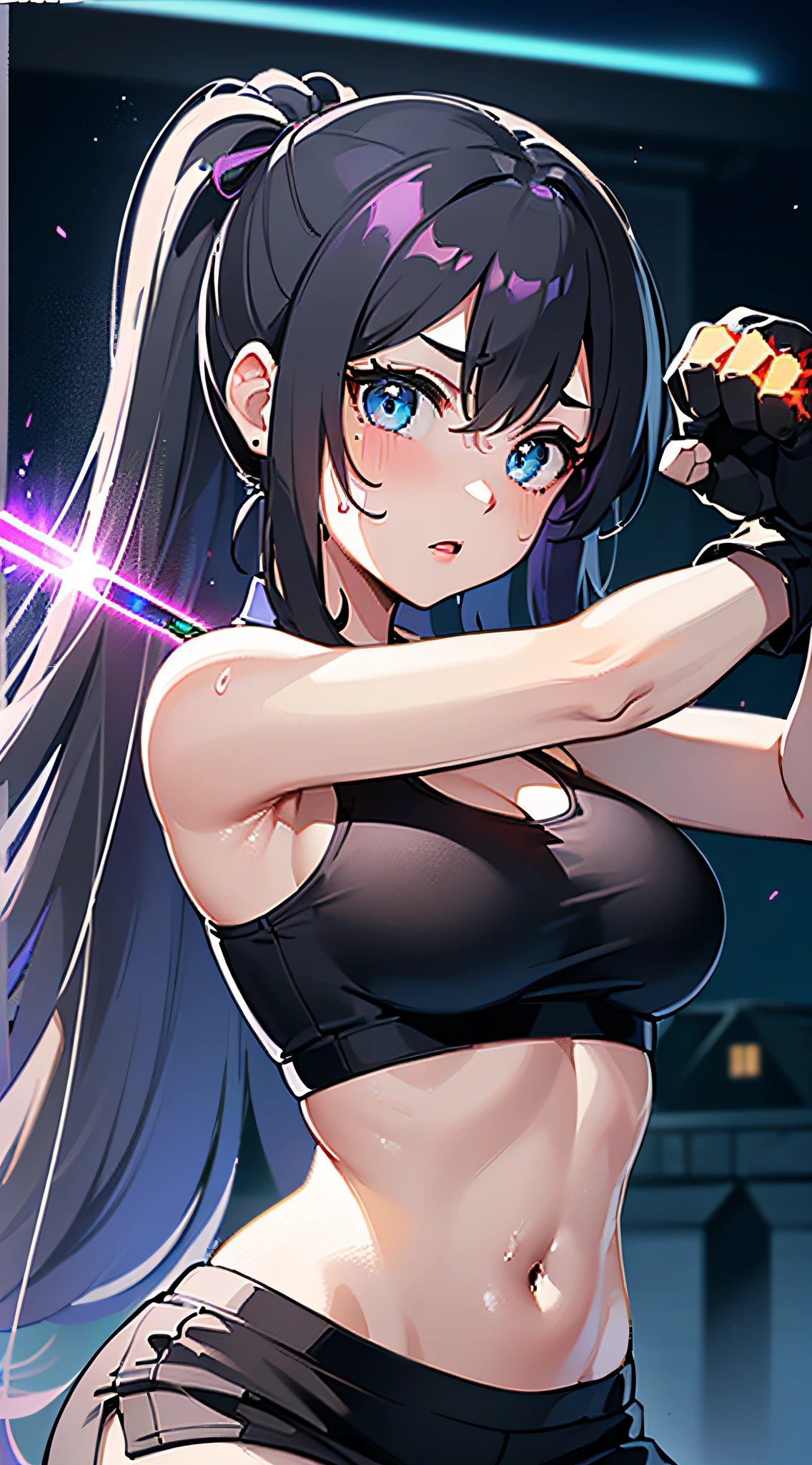 top-quality、Top image quality、masterpiece、girl with((cute little、20yr old、Best Bust、Medium bust、Bust 85,Beautiful blue eyes、Breasts wide open,Long Black Hair、A slender、Middle knot、Black Sports Bra、White short skirt,Reflecting the whole body、Black perforated gloves))hiquality、Beautiful Art、Background with((clubhouse、Blue lighting、Multiple purple laser points、fitness club、natta、virtual)),masutepiece、Elaborate design、visualart、depth of fields、The best lighting、highestdetailed、8k