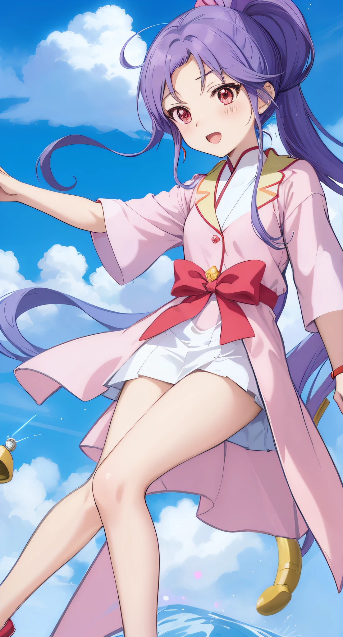 Anime girl in pink dress and red bow flying in the air, magic school uniform, tsubasa nakai's style, Magical school student uniform, Misato Katsuragi, Marin Kitagawa fanart, magical girl anime mahou shojo, anime moe art style, flowing magical robe, offcial art, daytime ethereal anime, anime still frame, juri misaki