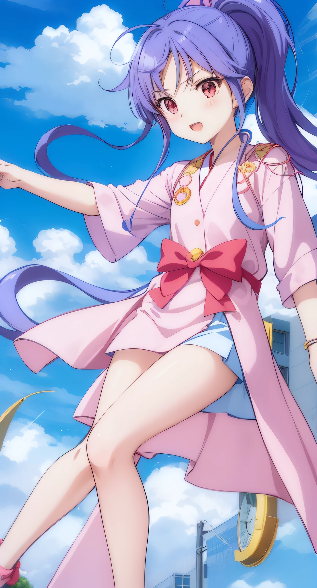 Anime girl in pink dress and red bow flying in the air, magic school uniform, tsubasa nakai's style, Magical school student uniform, Misato Katsuragi, Marin Kitagawa fanart, magical girl anime mahou shojo, anime moe art style, flowing magical robe, offcial art, daytime ethereal anime, anime still frame, juri misaki