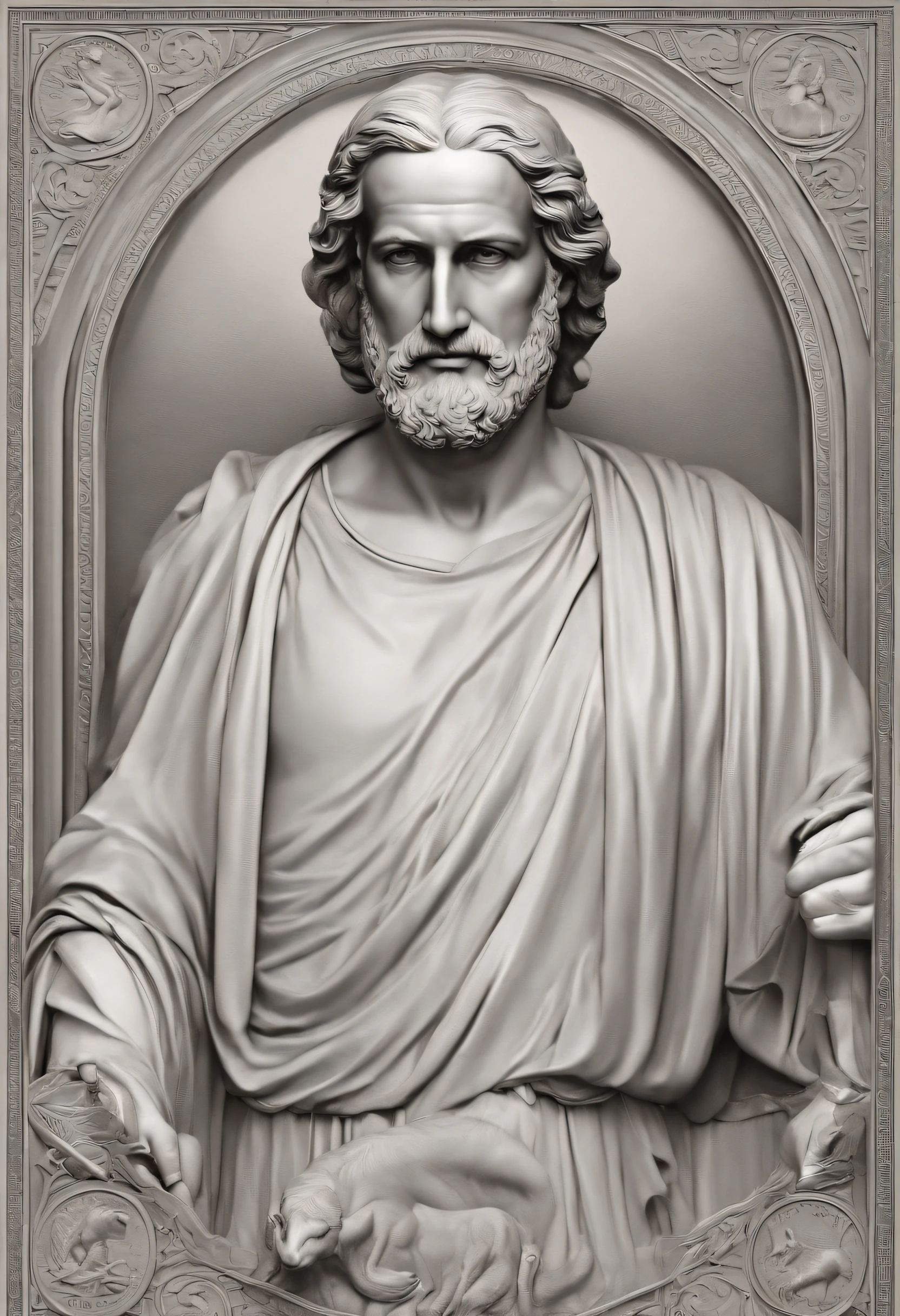 (CG de alta qualidade：1.2，rico em detalhes，8k，A high resolution) Socrates portrayed as a superhero, homem, 55 anos, um pouco acima do peso, barba espessa, vestimenta humilde, ombros largos, right hand indicator pointing forward, luz branca de poder na ponta do dedo indicador, testa proeminente e enrugada, um pouco calvo, cabelos levemente ondulados, nariz reto, olhos castanhos e penetrantes, sorriso no canto da boca, ring of white and transparent lights of power around the head, wears a gray woolen and worn tunic, blue skies, oliveiras, Ancient Greece, Greek Agora, Cavaleiro dos Zodiaco.
